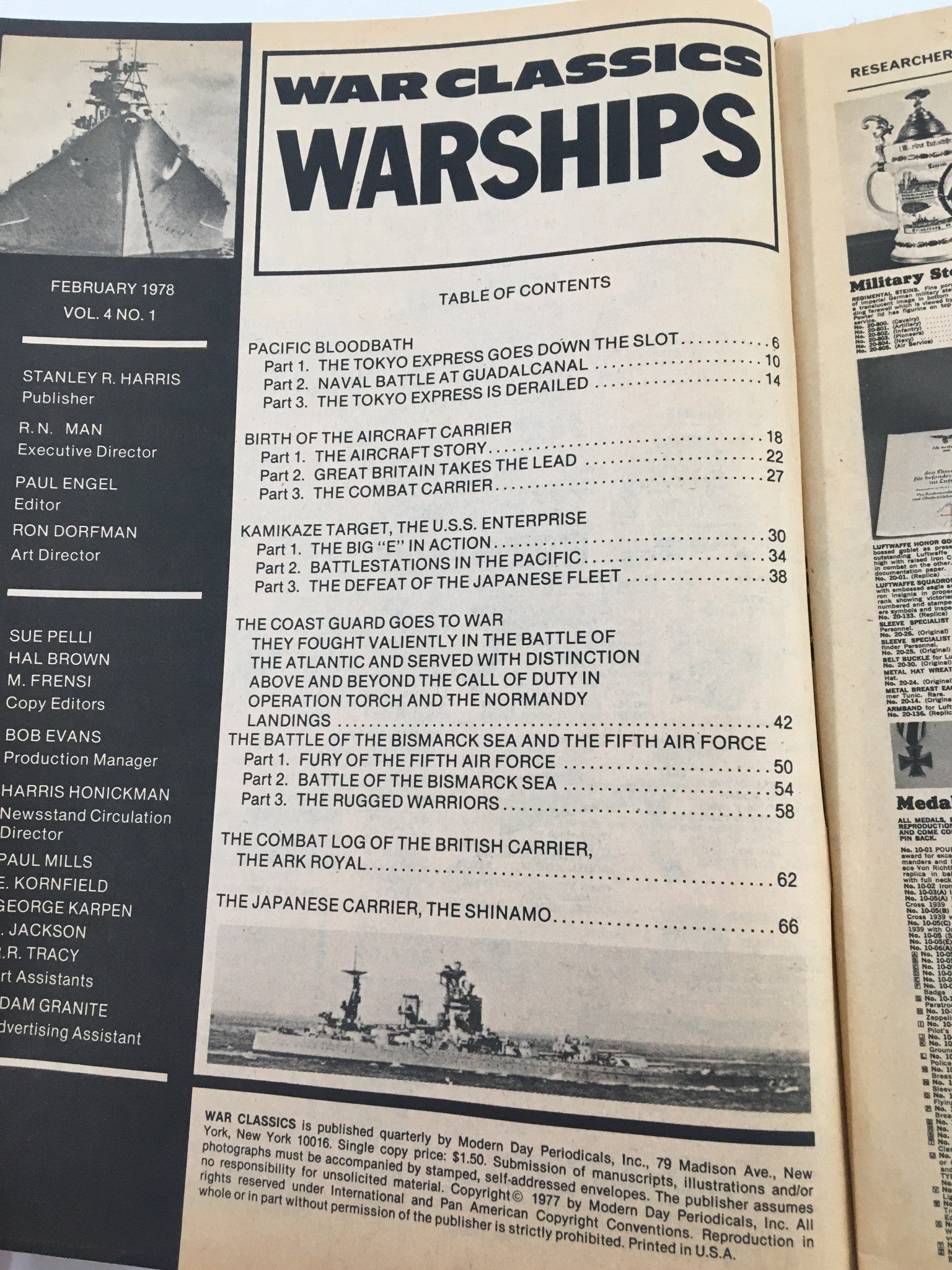 Table of contents from the VTG War Classics Magazine February 1978, featuring topics on warships, including articles on the Pacific Bloodbath, the aircraft carrier, and the U.S.S. Enterprise.
