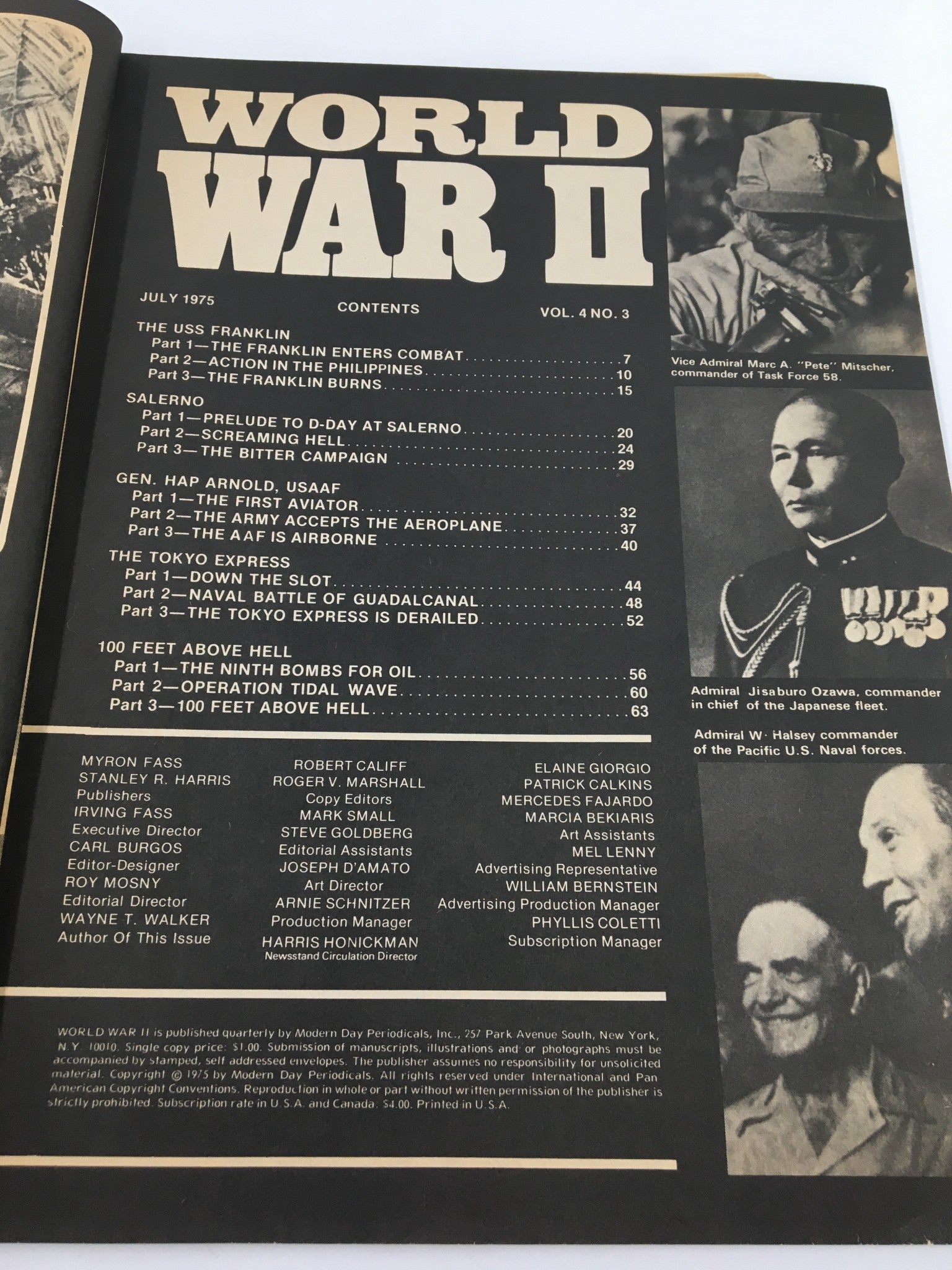 Table of contents page from 'VTG World War II Magazine July 1975 USS Franklin in Agony of Fire No Label', listing articles including details on USS Franklin and other wartime topics.
