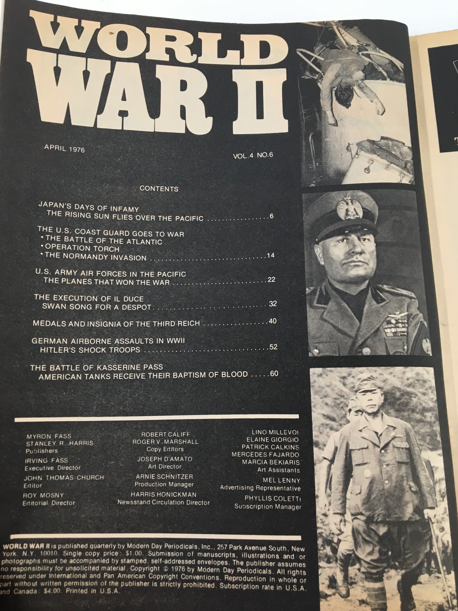 Cover of the VTG World War II Magazine from April 1976 featuring the title 'WORLD WAR II' prominently displayed. The magazine includes contents related to the US Army Air Force in the Pacific, along with historical insights and articles about significant military operations during World War II.