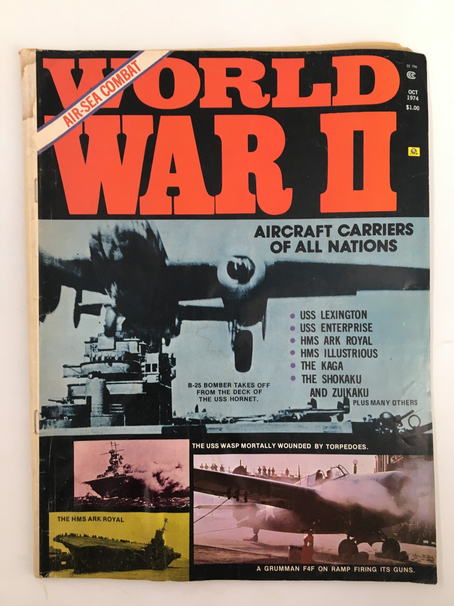 Cover of VTG World War II Magazine from October 1974 titled 'Aircraft Carriers of All Nations', showcasing aircraft and naval imagery with vibrant colors and prominent text.