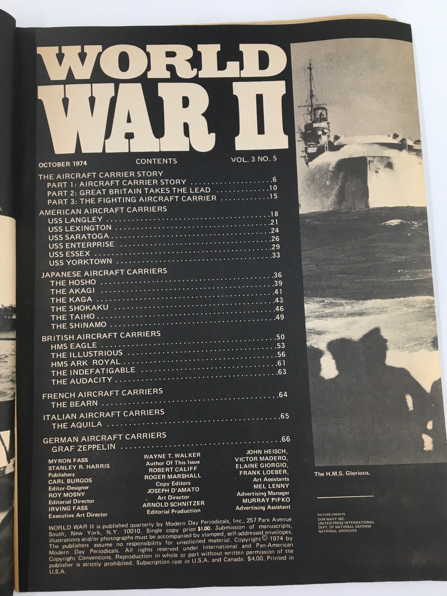 Table of contents page from VTG World War II Magazine, October 1974 issue, listing articles about various aircraft carriers and their stories.