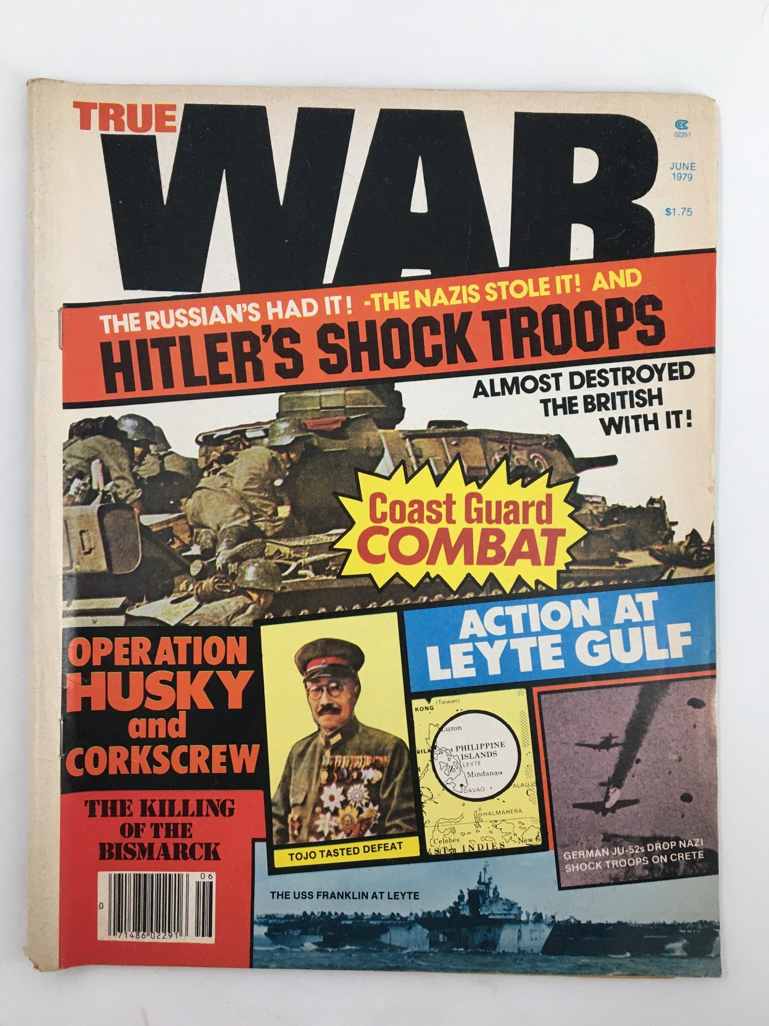 Cover of VTG True War Magazine from June 1979 featuring Adolf Hitler's Shock Troops, with bold titles and images of soldiers and military events.