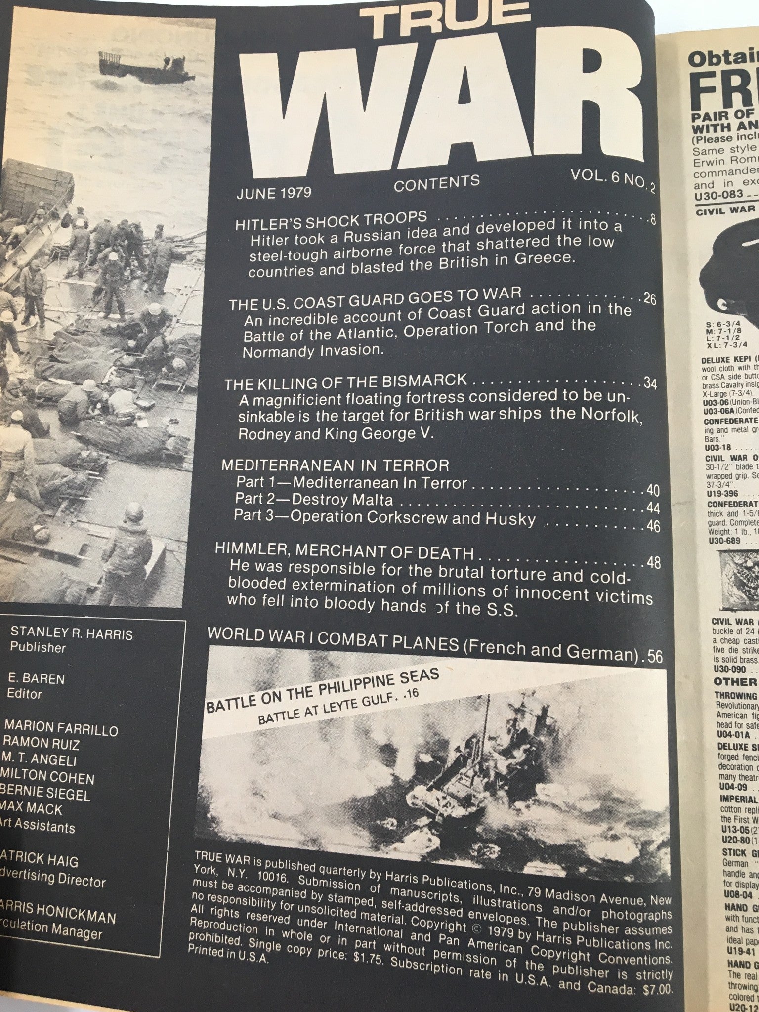 Detailed contents page from the VTG True War Magazine June 1979, featuring articles on Hitler's Shock Troops, the U.S. Coast Guard, and more, emphasizing military history.