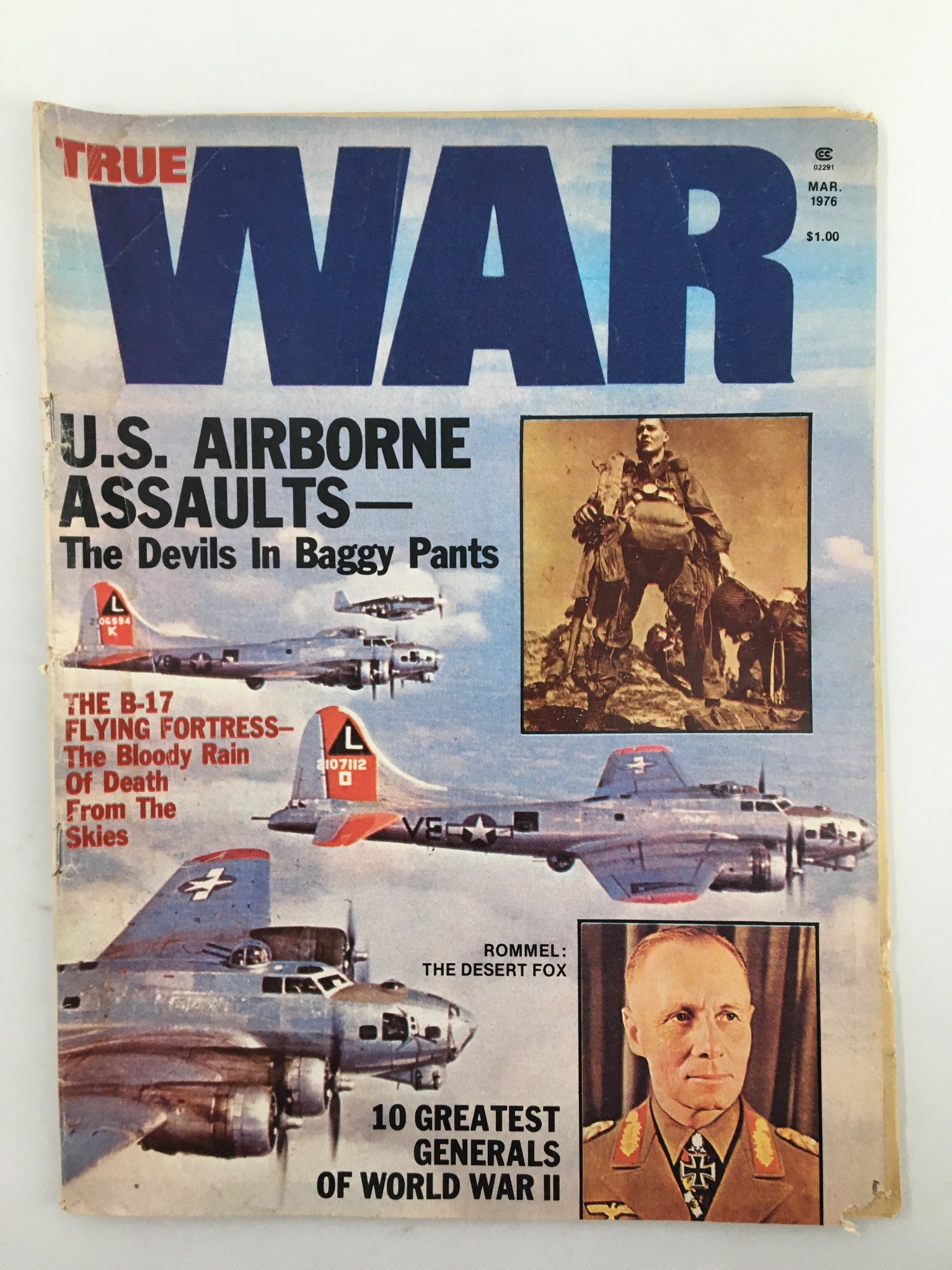 Cover of VTG True War Magazine from March 1976 featuring the title 'U.S. Airborne Assaults— The Devils In Baggy Pants', showcasing historical military imagery including the B-17 Flying Fortress.