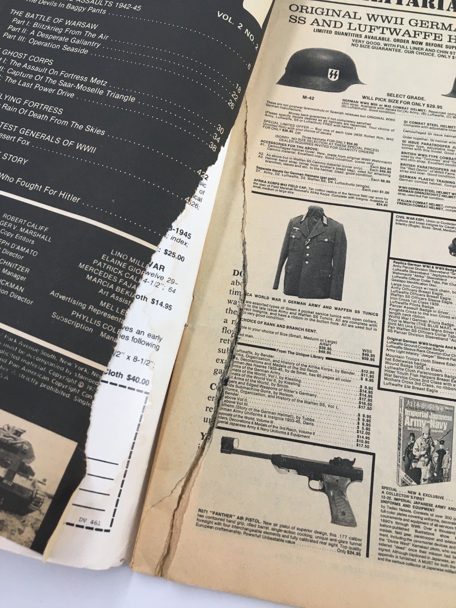 Inside of VTG True War Magazine March 1976 displaying contents page with articles on WWII, including 'The Battle of Warsaw' and advertisements for military collectibles, illustrating historical context.
