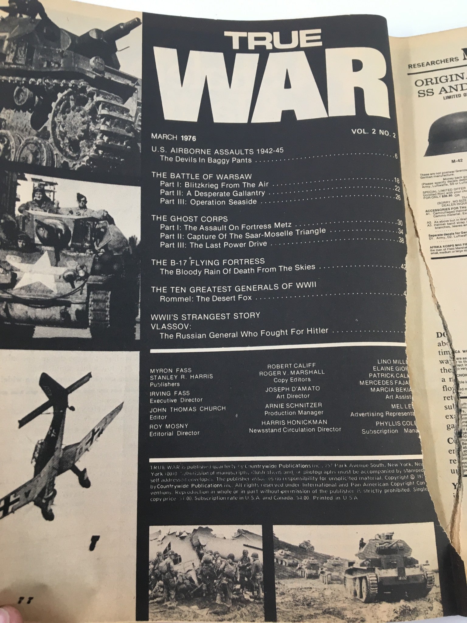 Another page of the VTG True War Magazine March 1976 featuring contents and images of WWII, showcasing detailed narratives and historical advertisements, valuable for military history enthusiasts.