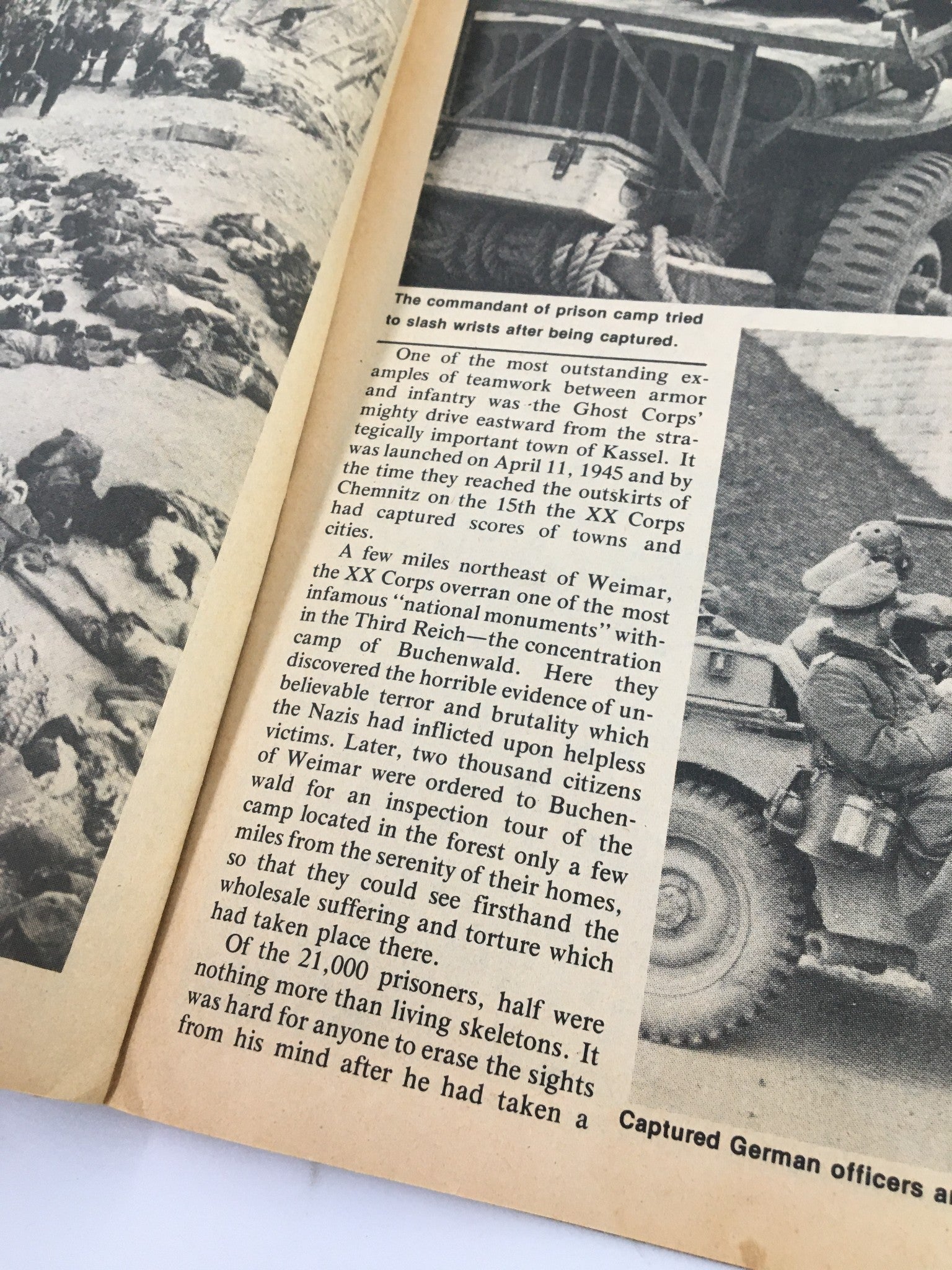 Image of an open page from the VTG True War Magazine March 1976, illustrating U.S. military history with descriptions and visuals of WWII events.