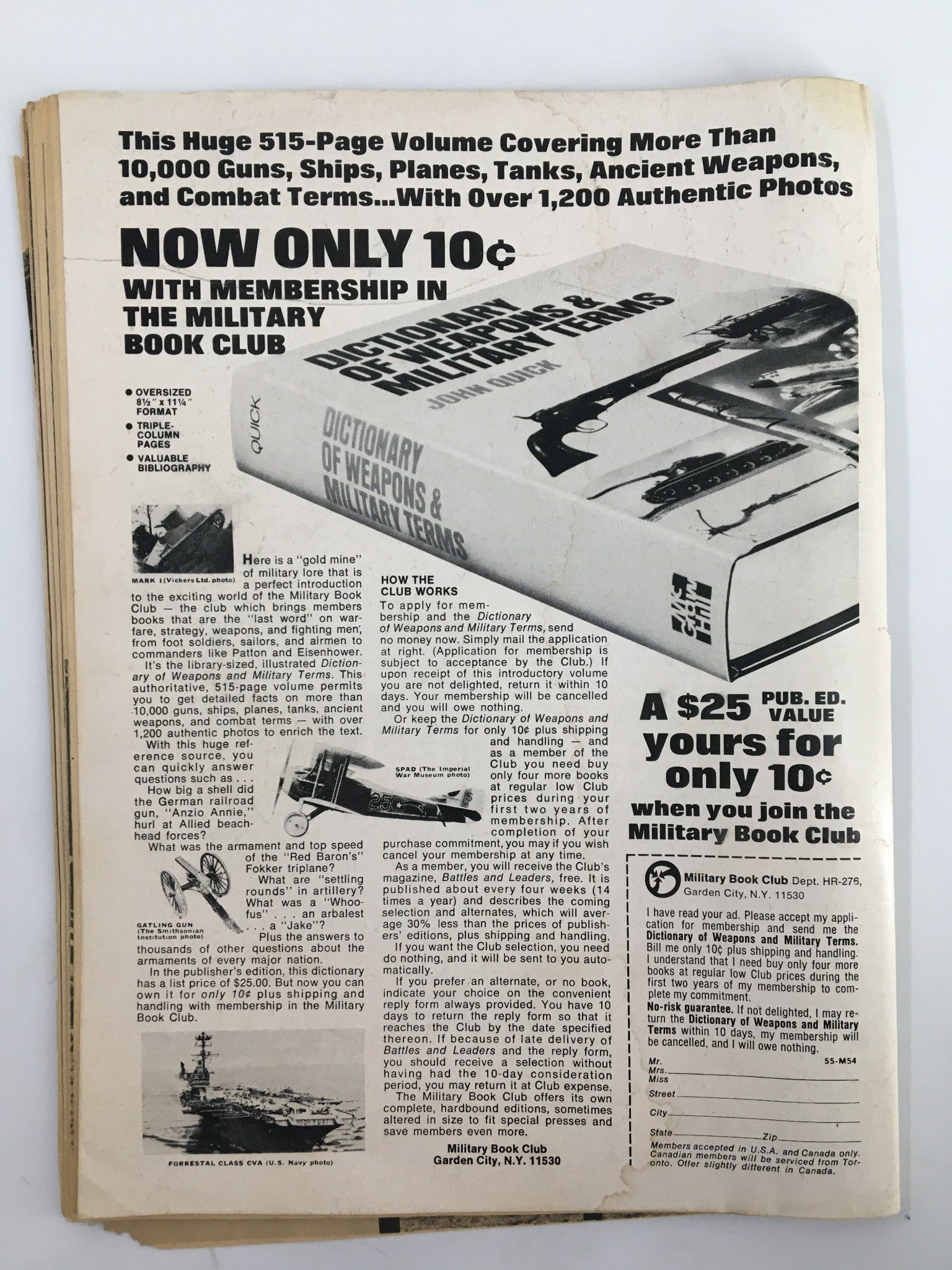 Back cover of the VTG True War Magazine from March 1976, displaying an advertisement for a Military Book Club featuring military terms and references.