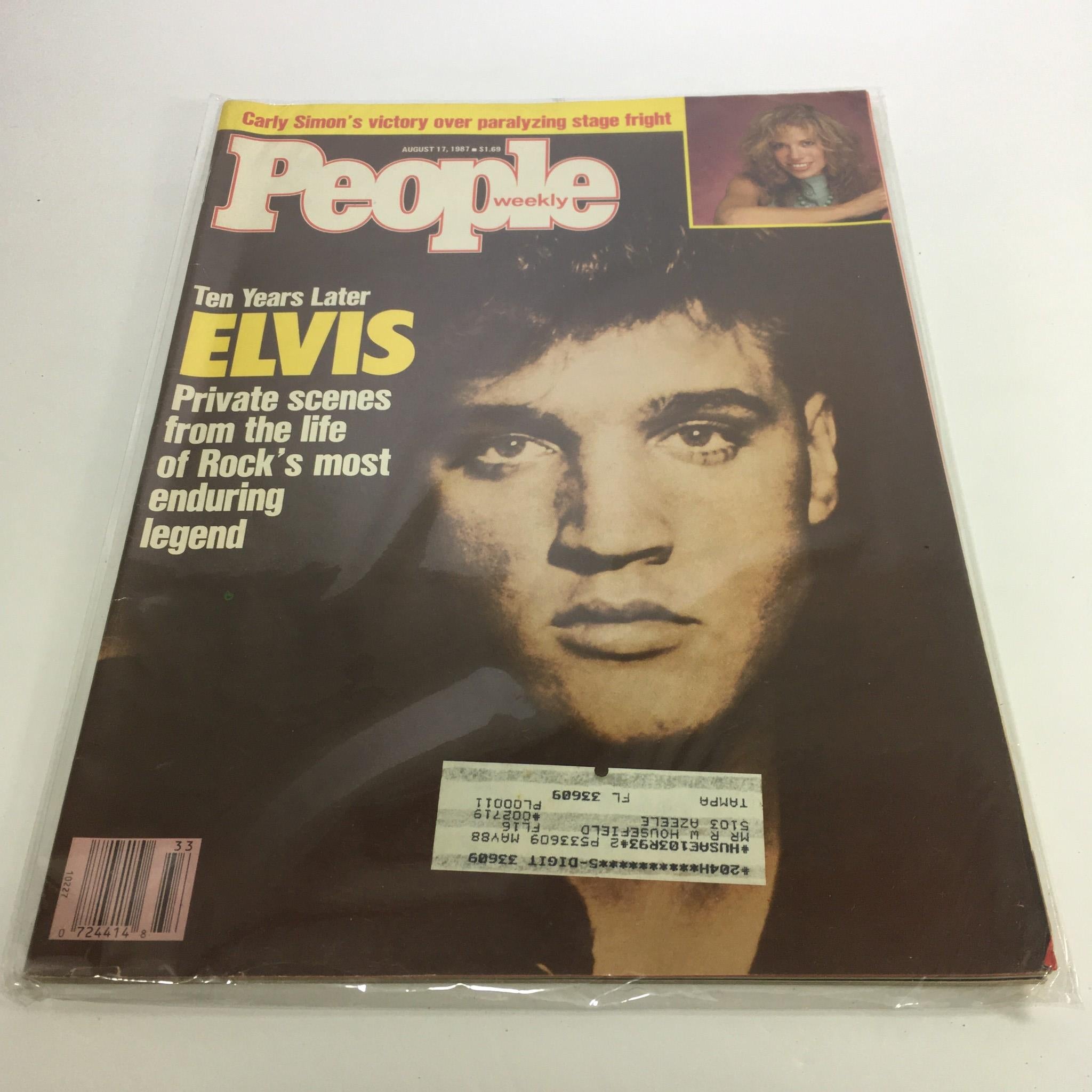 Cover of People Magazine August 17, 1987 featuring Elvis Presley with the headline 'Ten Years Later ELVIS' and a feature on Carly Simon's victory over stage fright. The magazine highlights private scenes from the life of Rock's enduring legend.