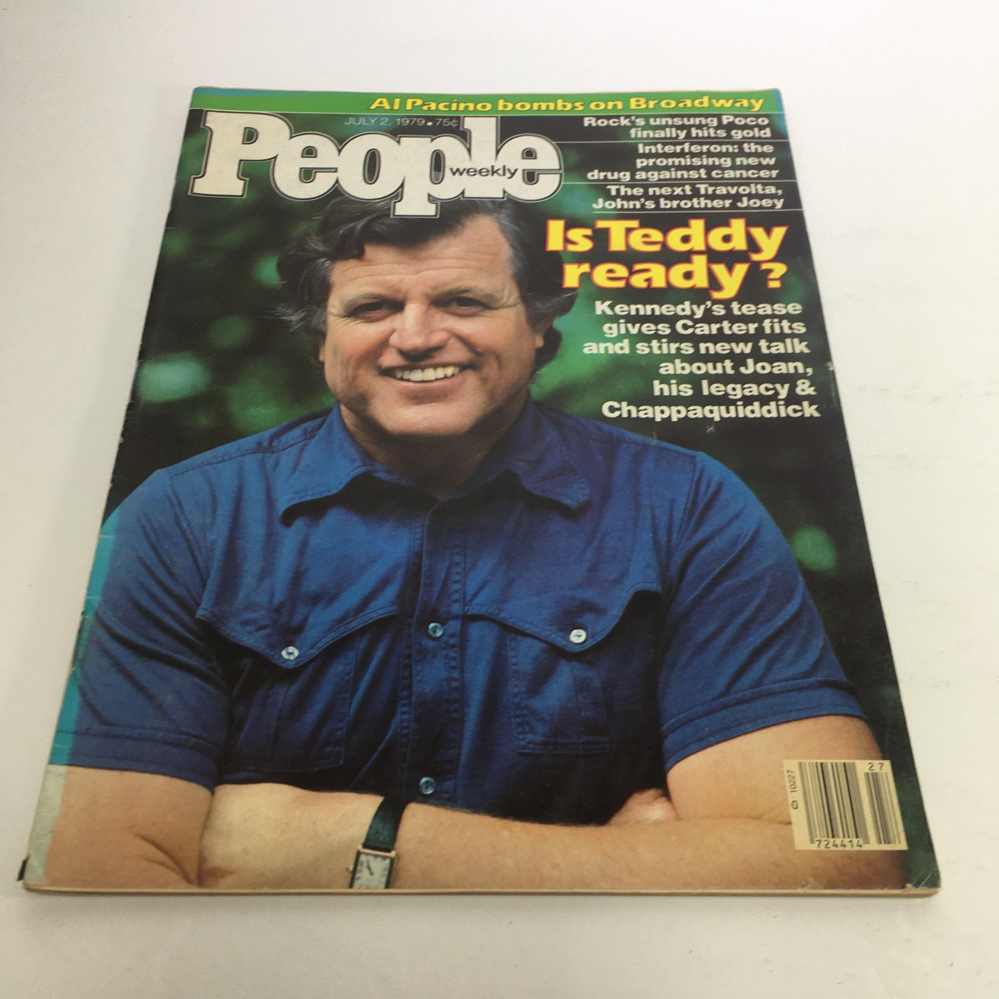People Magazine cover from July 2, 1979, featuring the title 'Al Pacino Bombs on Broadway & Is Teddy Ready?' with a smiling man in a blue shirt, discussing political themes and celebrity news.