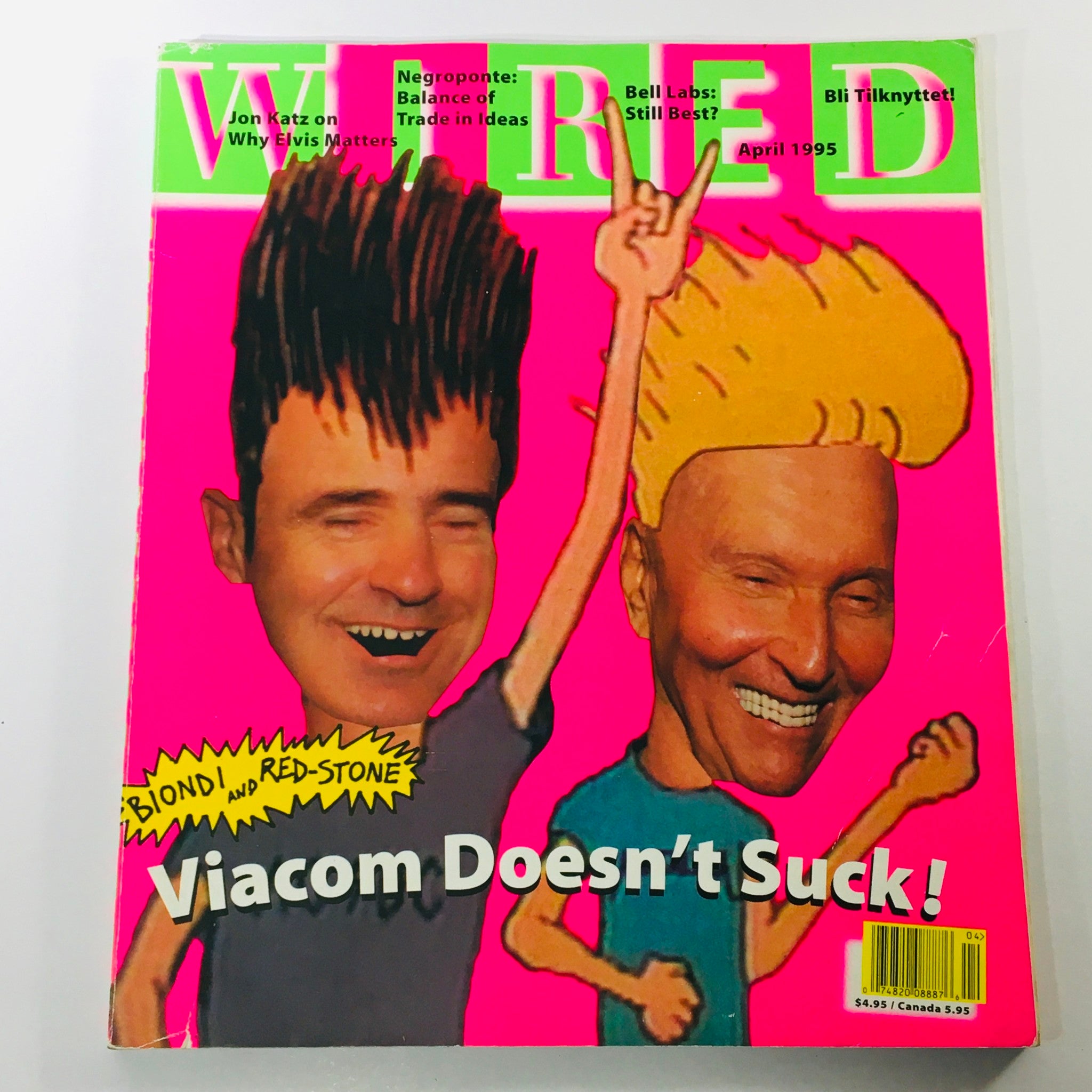 Wired Magazine April 1995 Vol 3 #4 cover featuring Beavis and Butt-Head with colorful hairstyle imagery, showcasing cultural references and the editorial content including Jon Katz on Elvis Presley and Viacom.