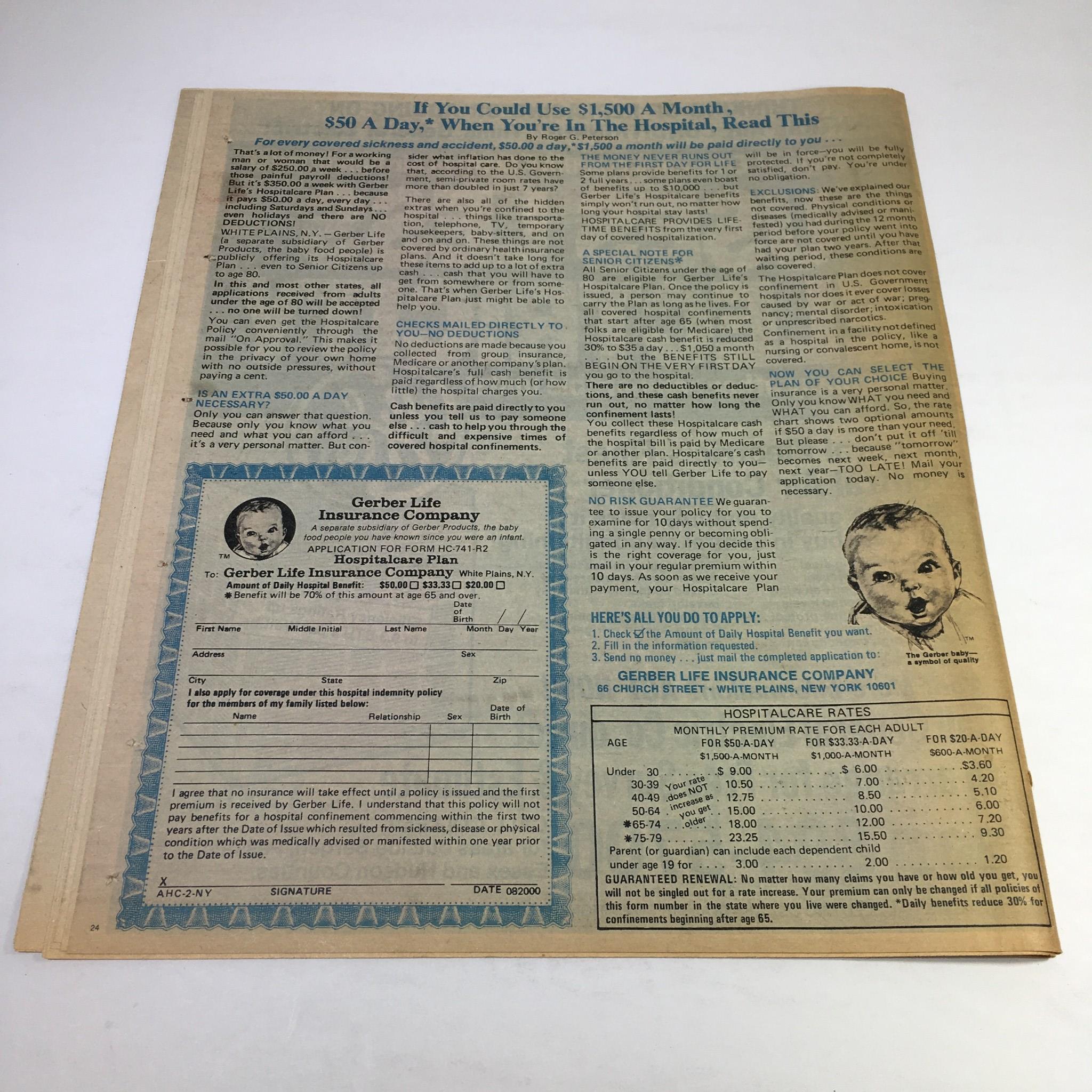 Page from the Sunday News Magazine dated May 1, 1977, featuring an advertisement for Gerber Life Insurance Company, including insurance application details and hospital care rates, alongside a baby illustration.