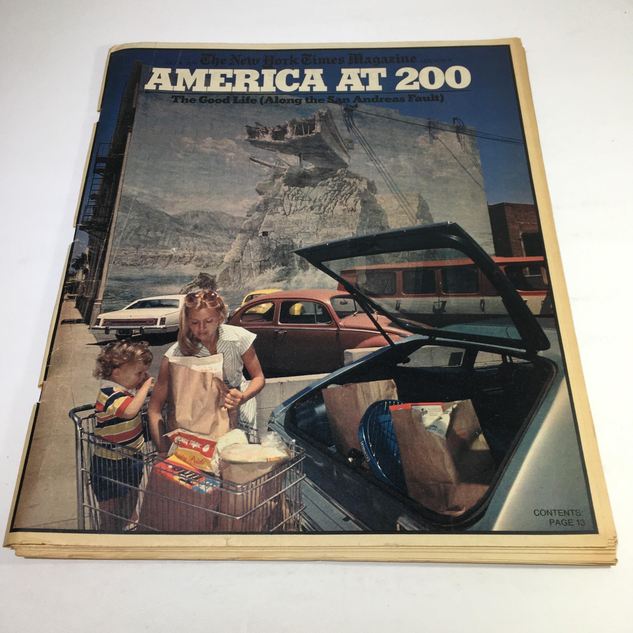 Cover of The New York Times Magazine July 4, 1976, titled 'America At 200' featuring a woman and a boy shopping next to a car, exploring themes along the San Andreas Fault.