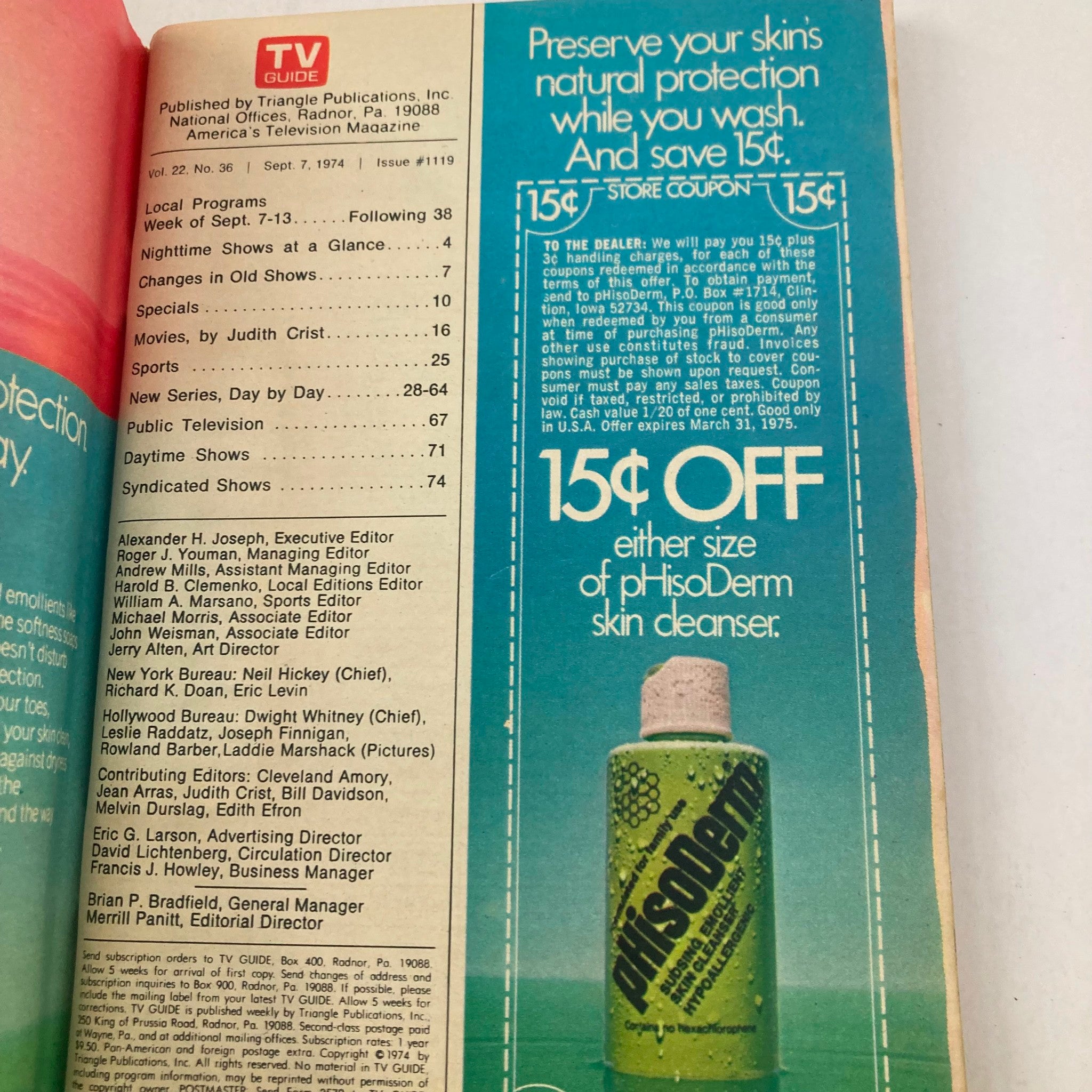Inside page of TV Guide Magazine September 7 1974 #1119 featuring a store coupon for pHisoDerm skin cleanser, along with the magazine's program schedule including local programs, movies, and editorial staff details.
