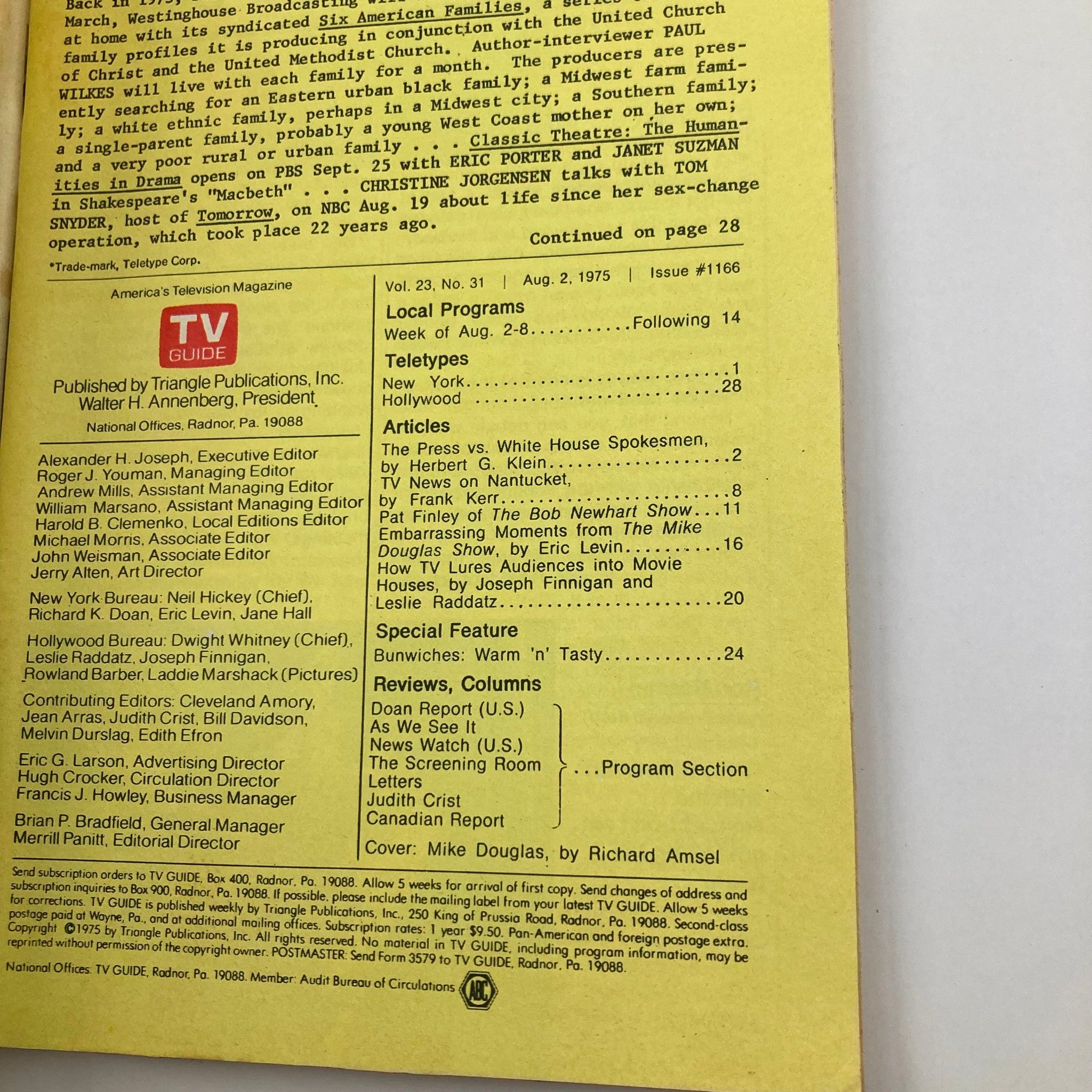 Back cover of TV Guide Magazine August 2, 1975 #1166 featuring editorial credits and articles overview.