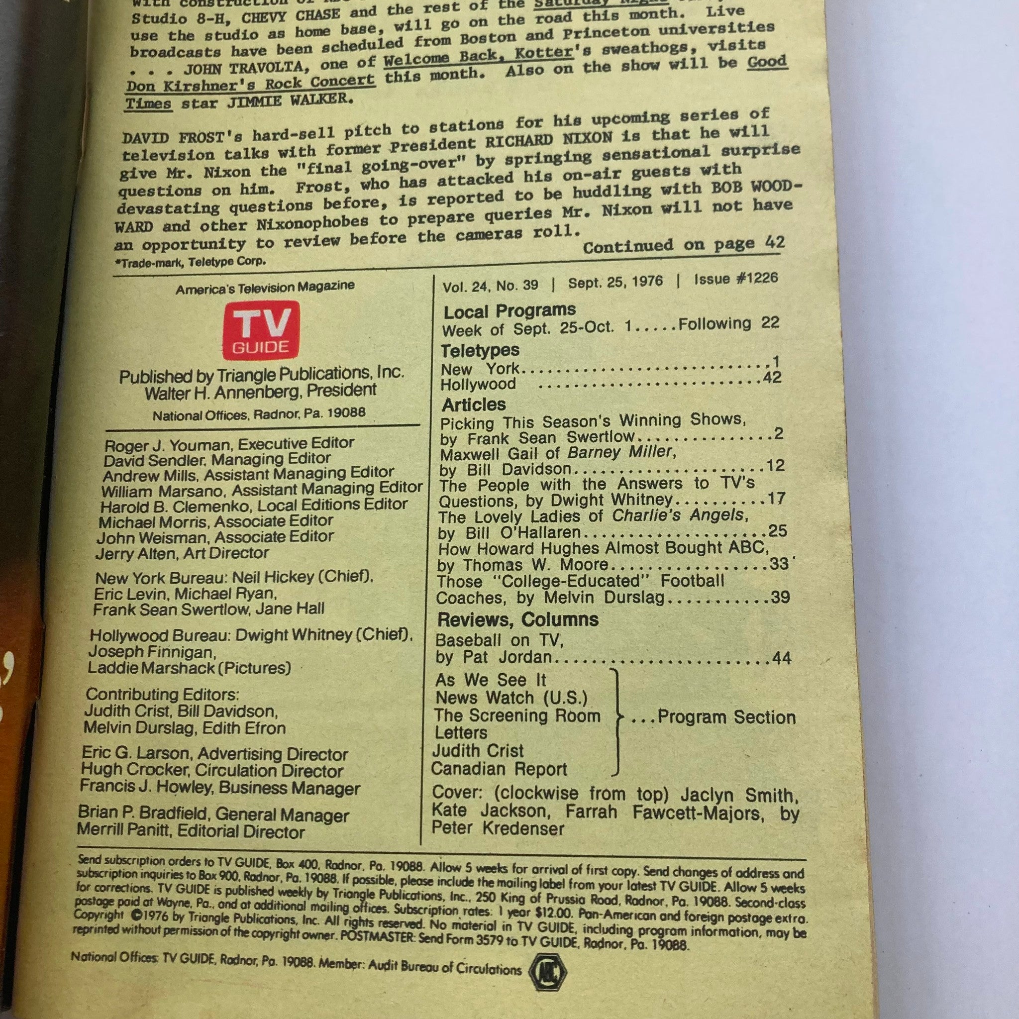 Inside page of TV Guide Magazine September 25 1976 #1226 detailing editorial staff and features, highlighting television articles and local programming.