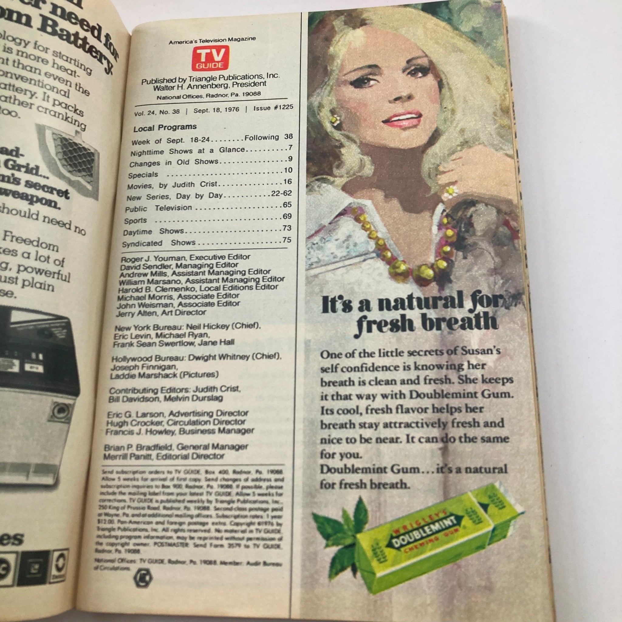 Interior page from TV Guide Magazine September 18 1976 #1225 showcasing a beauty product advertisement alongside local program listings.