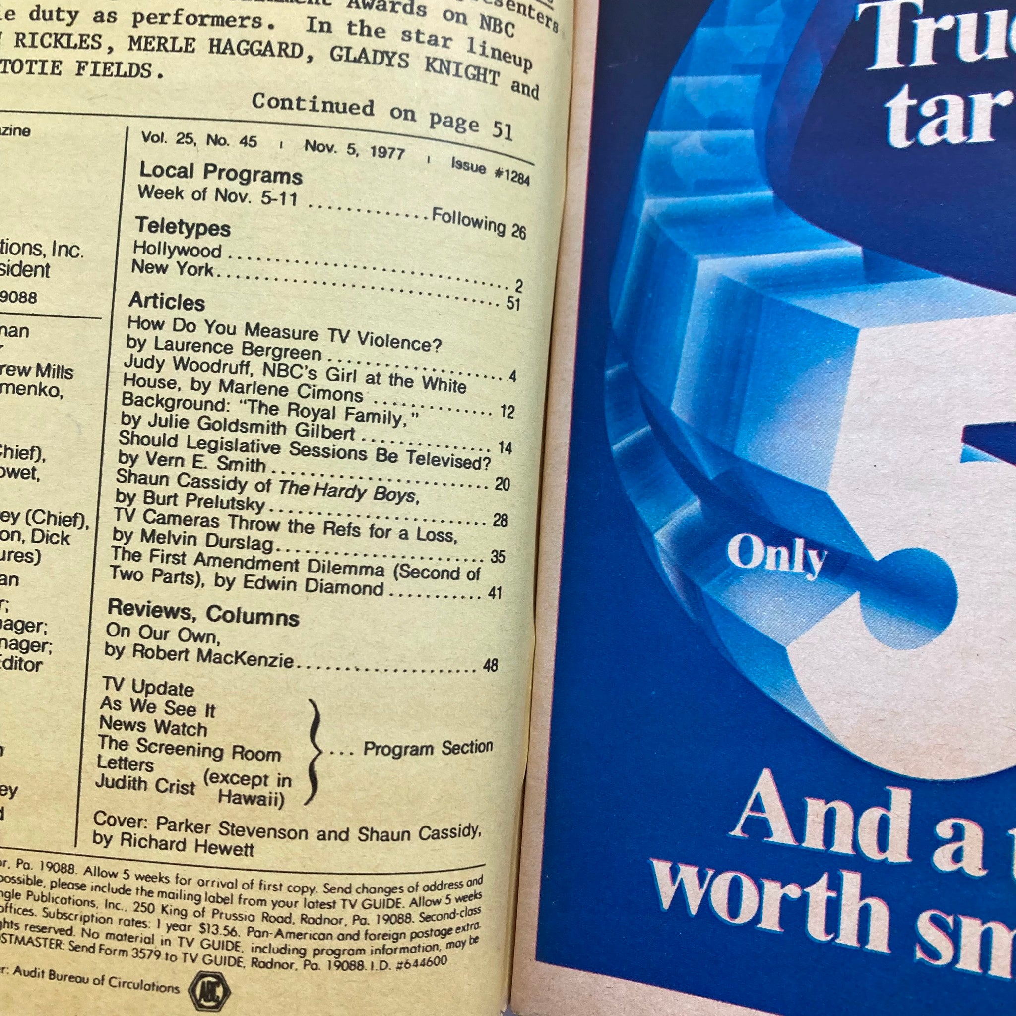 Interior page of TV Guide Magazine November 5 1977, issue #1284, displaying local programs and articles including a feature on Shaun Cassidy and The Hardy Boys.