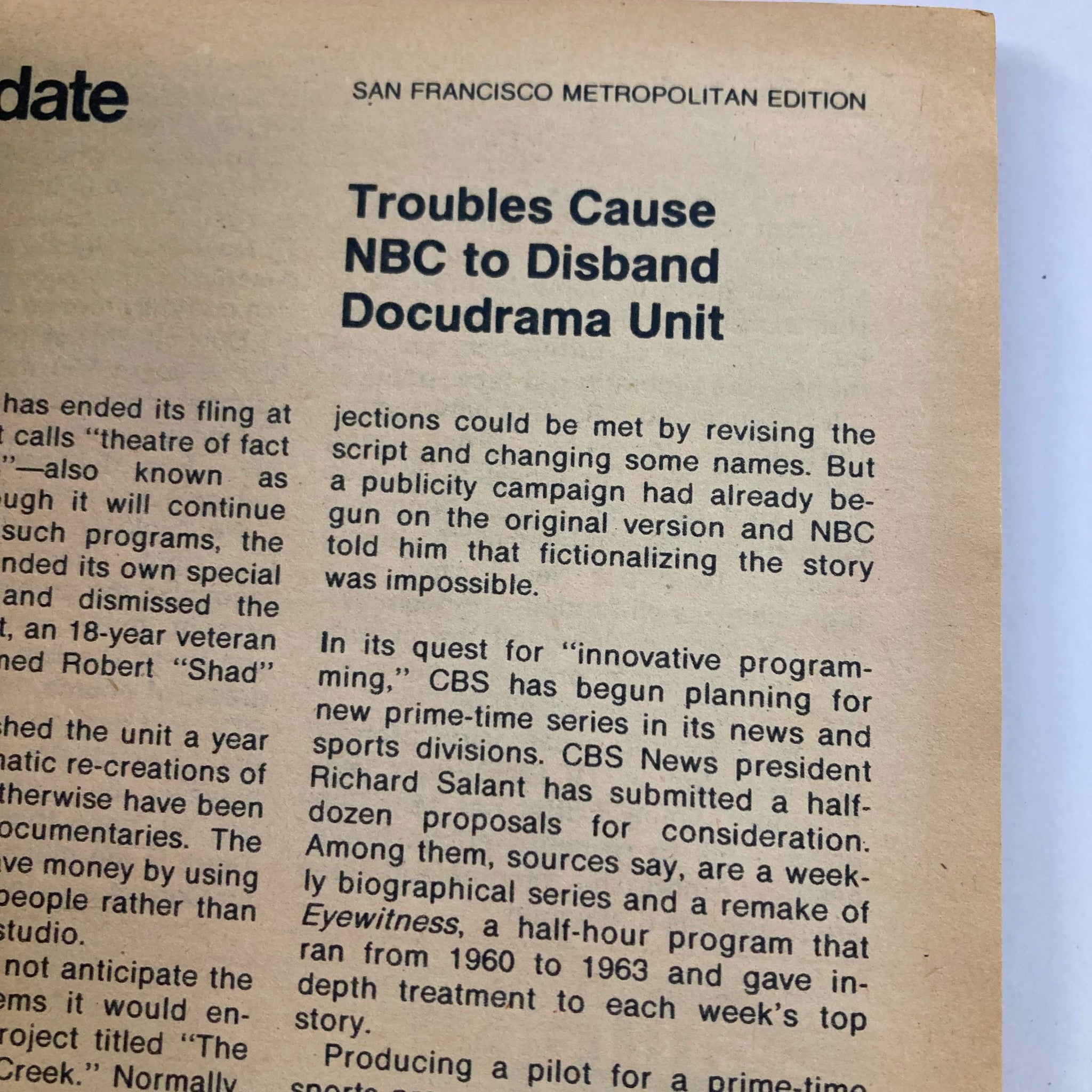 Interior page of TV Guide Magazine November 5 1977 featuring an article about NBC disbanding its Docudrama Unit, part of the San Francisco Metro edition.