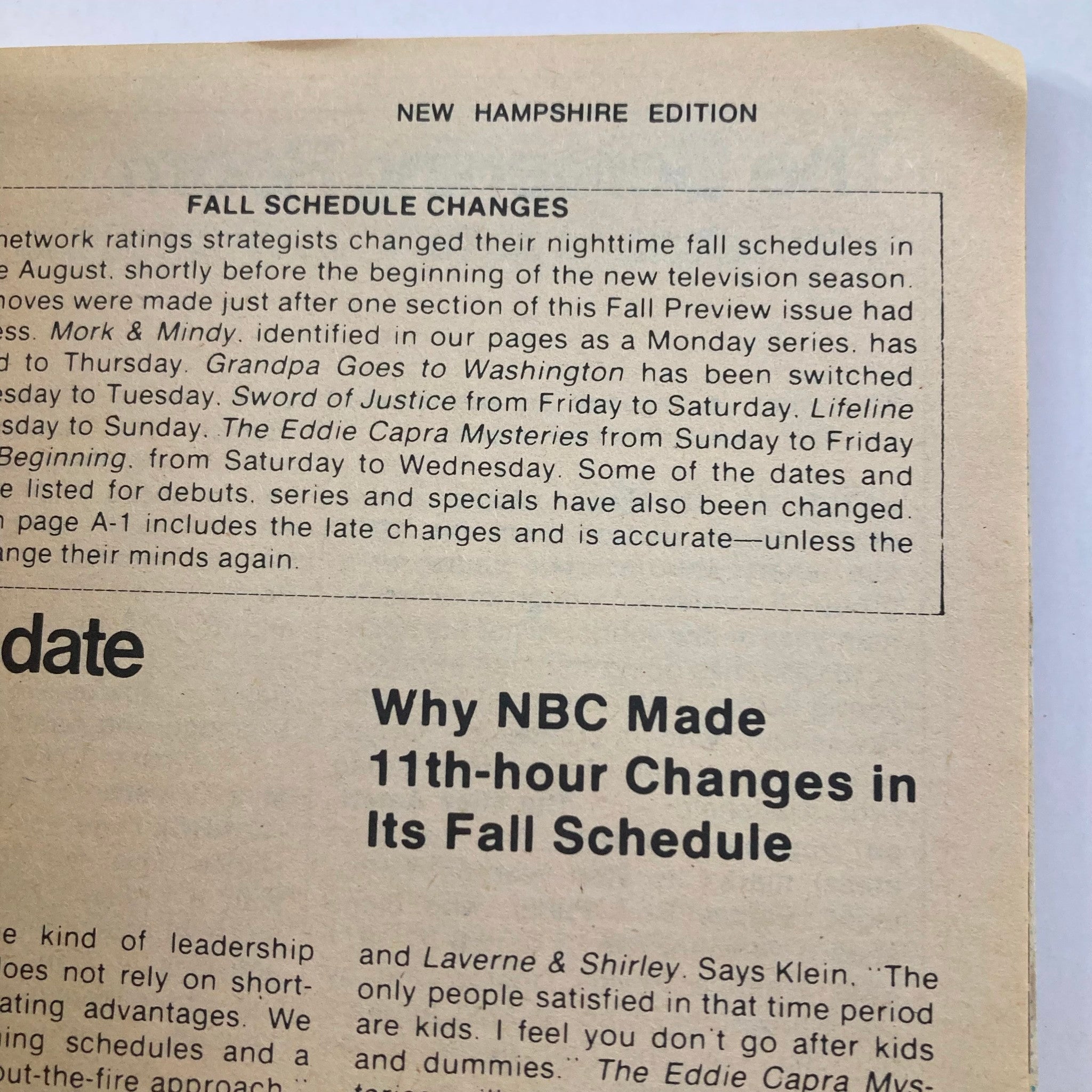 Section of TV Guide Magazine September 9 1978 #1328 discussing fall schedule changes for the New Hampshire edition.