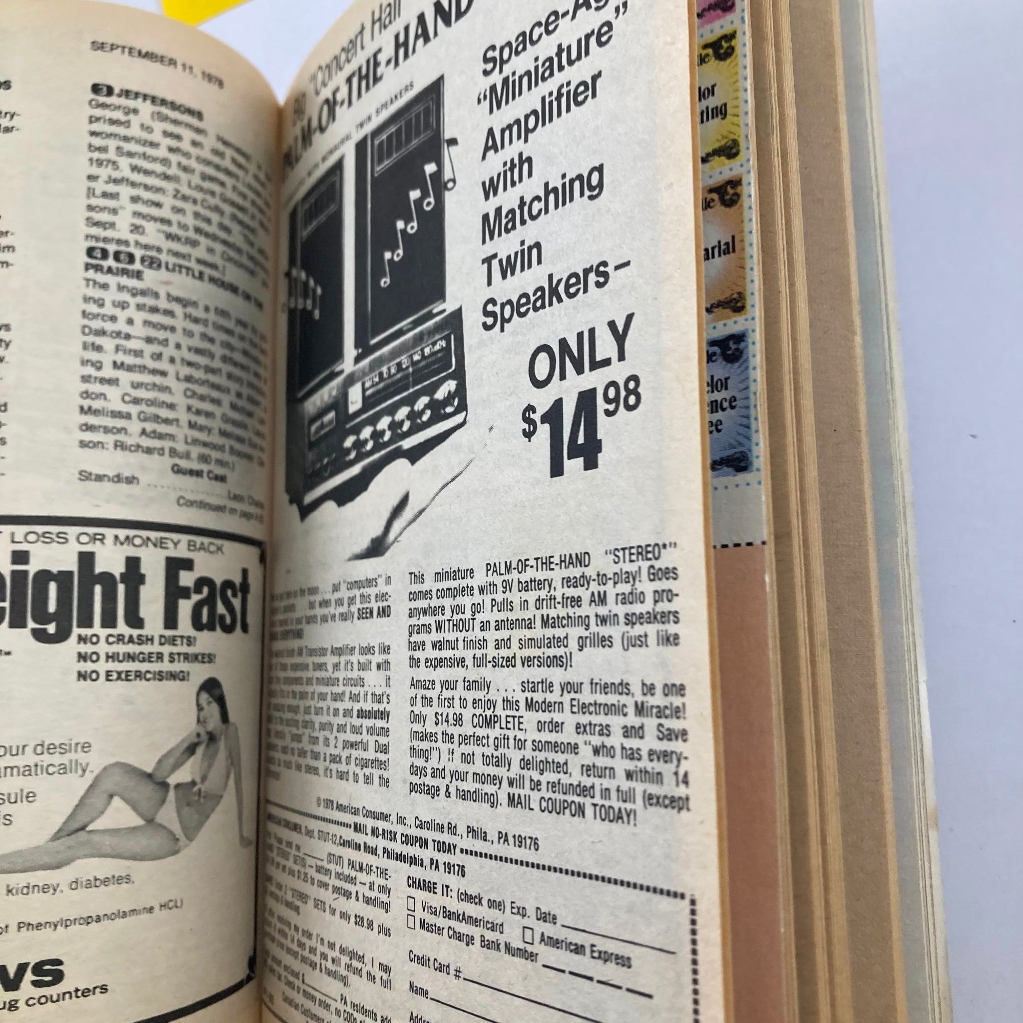 Interior page of TV Guide Magazine from September 9, 1978, featuring an advertisement for a Space-Age Miniature Amplifier with Twin Speakers for $14.98. This issue is part of the Fall Preview New Hampshire Edition, showcasing classic television memorabilia.