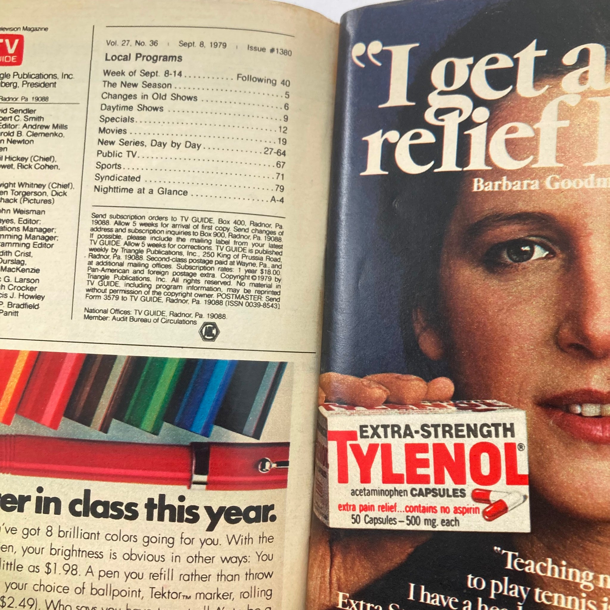 Inside page of TV Guide Magazine September 8 1979 #1380 featuring a local programs listing and an advertisement for Extra-Strength Tylenol, with a photo of a woman holding the product.