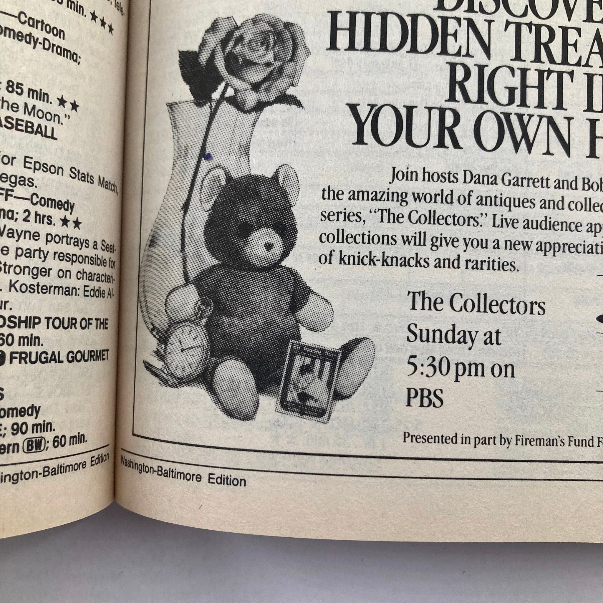 Inside page of TV Guide Magazine May 27 1989, showcasing a promotional ad for the PBS series 'The Collectors' featuring a teddy bear, a clock, and a rose.