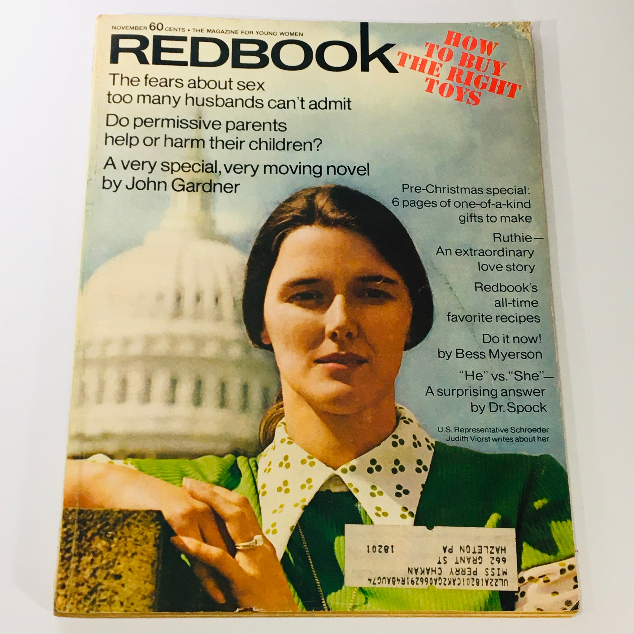 Vintage VTG Redbook Magazine from November 1973 featuring U.S. Representative Pat Schroeder, showcasing articles and cultural insights.