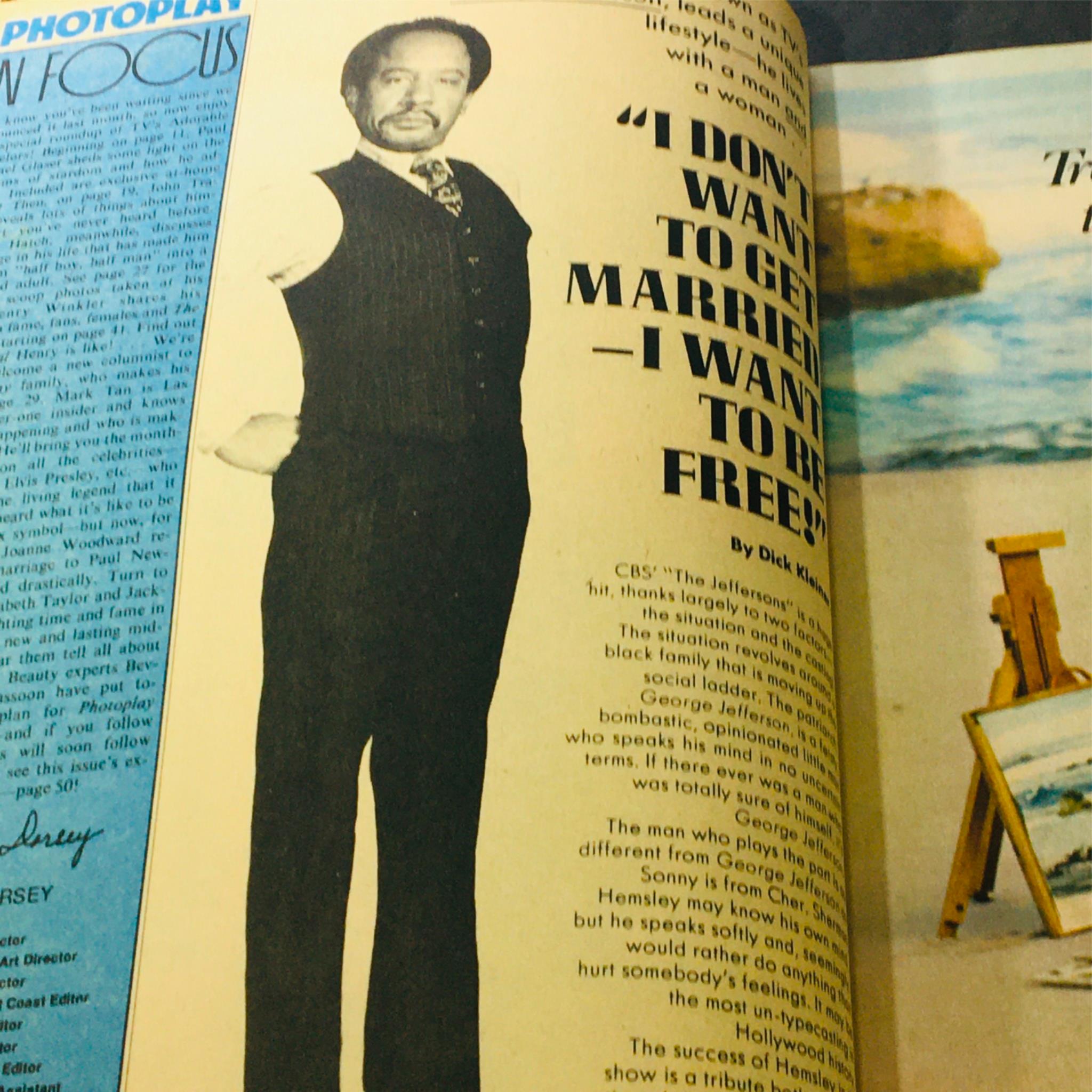 Photoplay Magazine November 1976 featuring an article about George Jefferson from CBS's 'The Jeffersons', showcasing a black man in a stylish outfit, discussing freedom and social commentary in entertainment.
