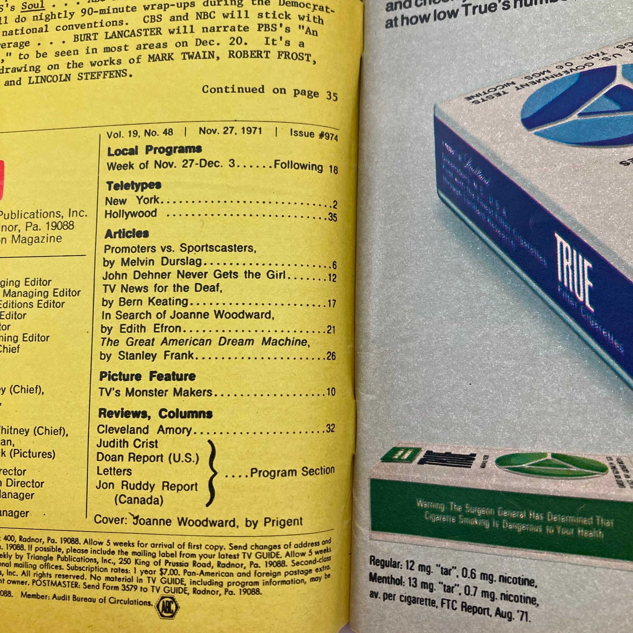 Inside page of TV Guide Magazine November 27, 1971, issue #974 detailing programming and articles including 'In Search of Joanne Woodward'.