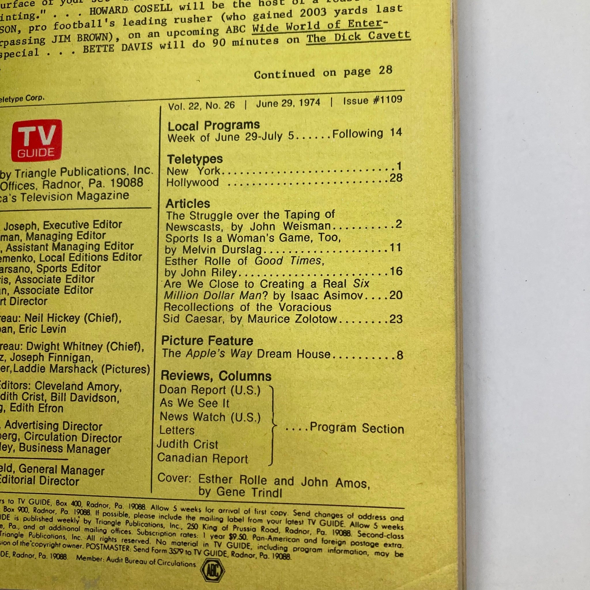 TV Guide Magazine June 29 1974 #1109 featuring Esther Rolle and John Amos, showcasing articles, local programs, and editorial content, in pristine condition.