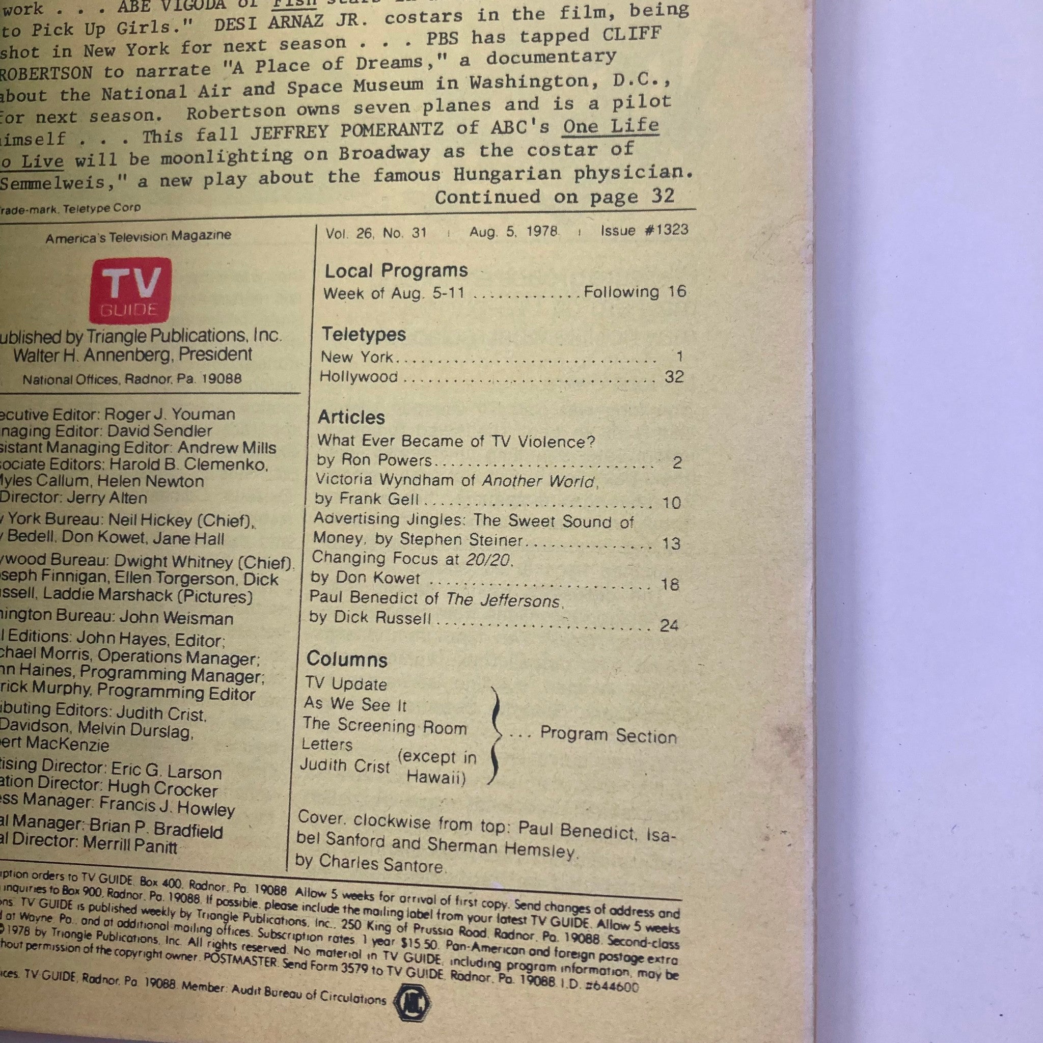 Back cover of TV Guide Magazine August 5 1978 #1323, including table of contents and articles such as 'What Ever Became of TV Violence?' with details about featured television programs for the week.