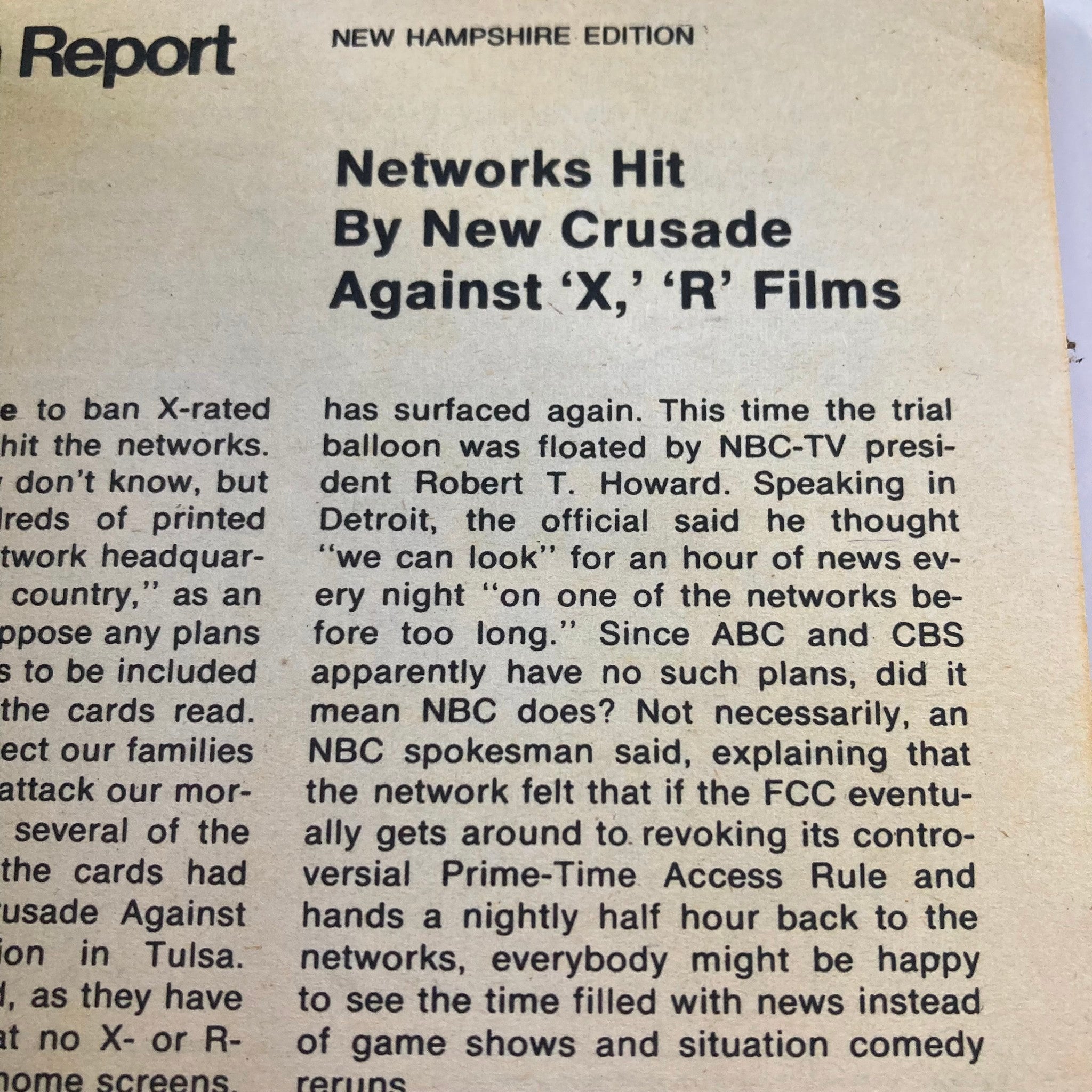 New Hampshire Edition page of TV Guide Magazine August 5 1978 #1323, reporting on the networks' stance against X and R rated films, providing insights into television industry controversies of the time.