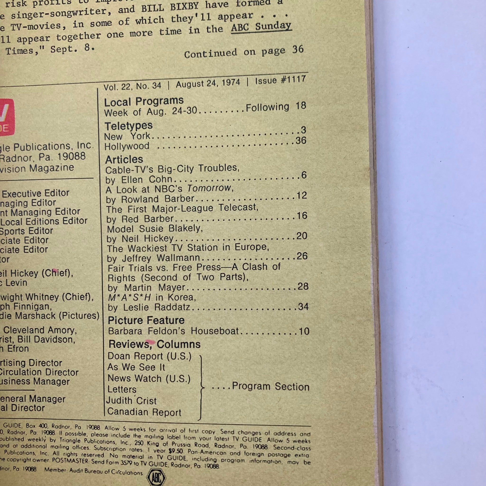Back cover of TV Guide Magazine August 24 1974 #1117, detailing editorial information and program listings for the week, including articles and teletype topics.