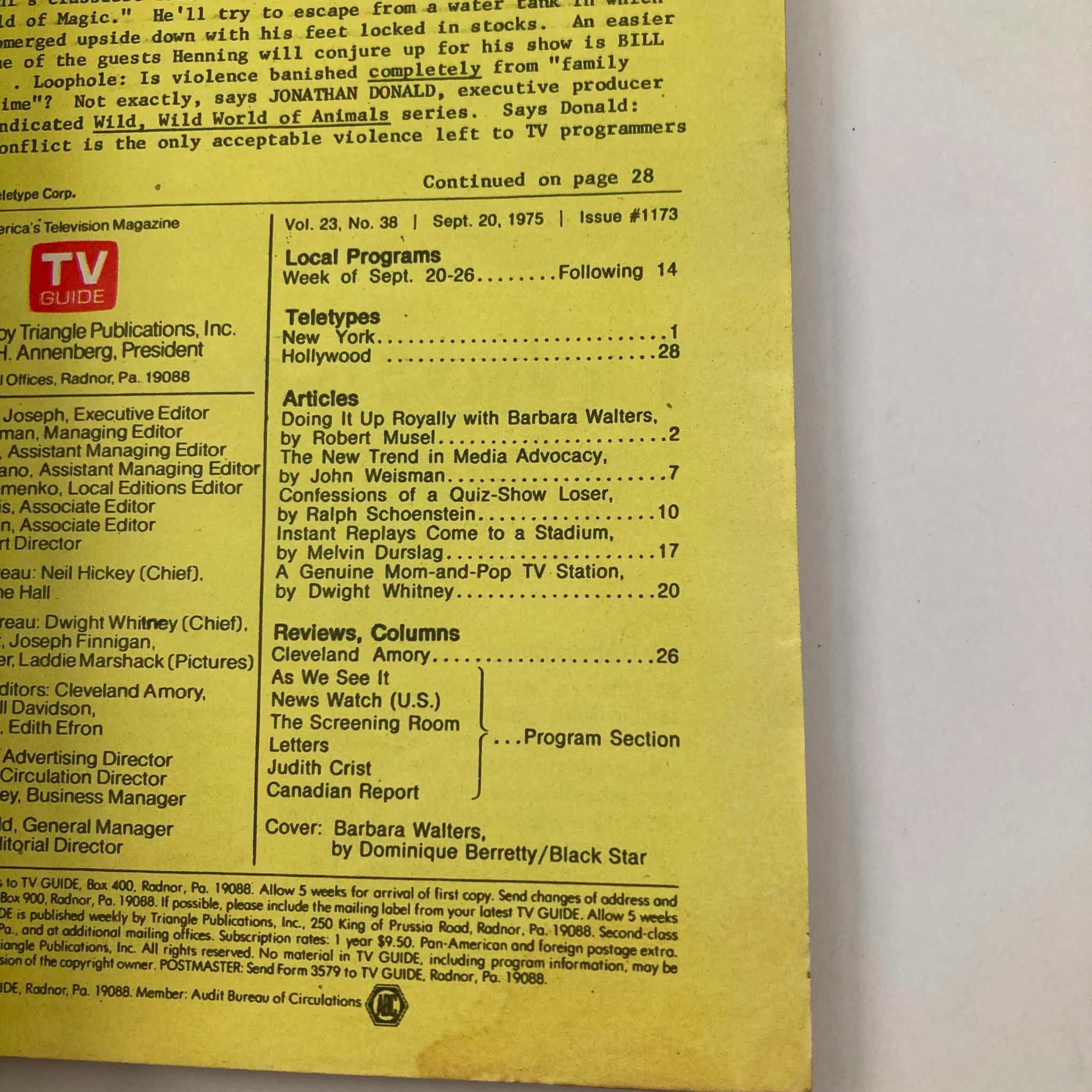 Back cover of TV Guide Magazine from September 20 1975, including articles and content overview, notably featuring Barbara Walters on the cover.
