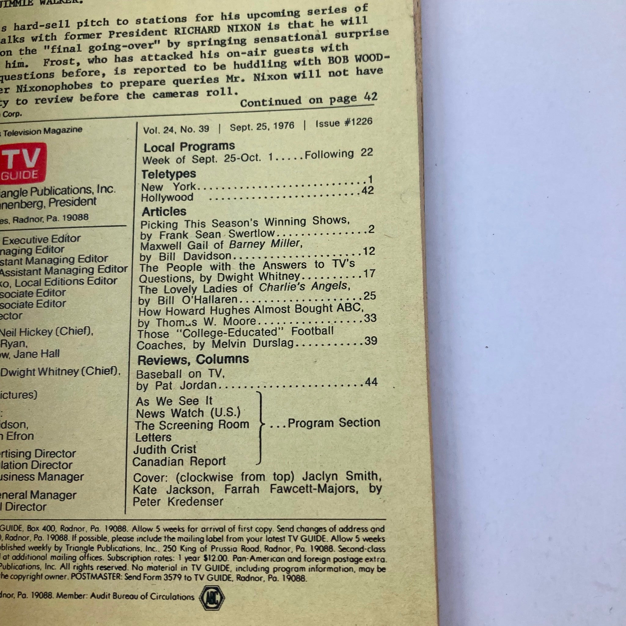 Back cover of TV Guide Magazine September 25, 1976, featuring various articles and local program listings, showcasing the Wheeling-Steubenville edition.