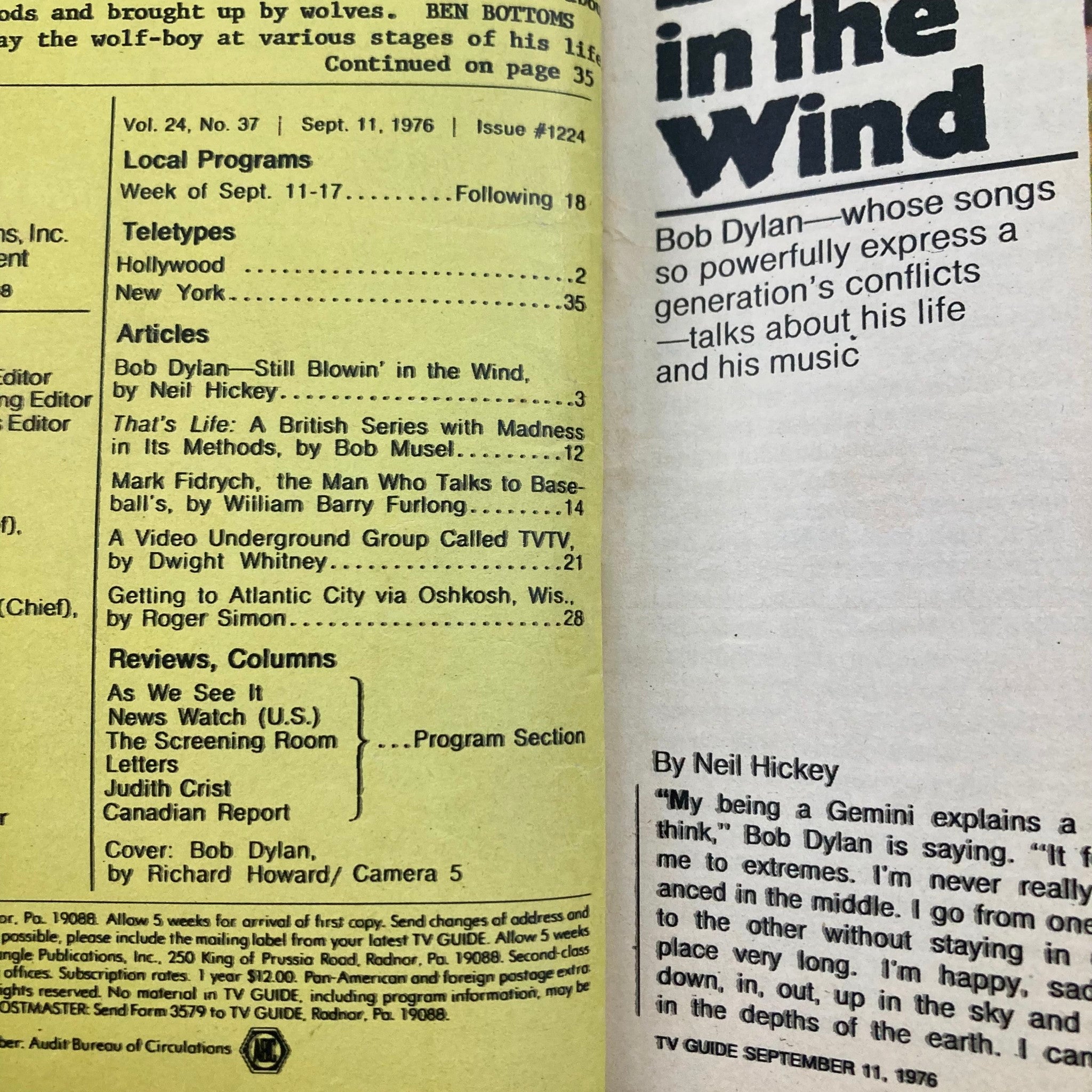 Interior page of TV Guide Magazine September 11 1976, Issue #1224, highlighting an article titled 'Bob Dylan—Still Blowin’ in the Wind' and discussing his life and music.