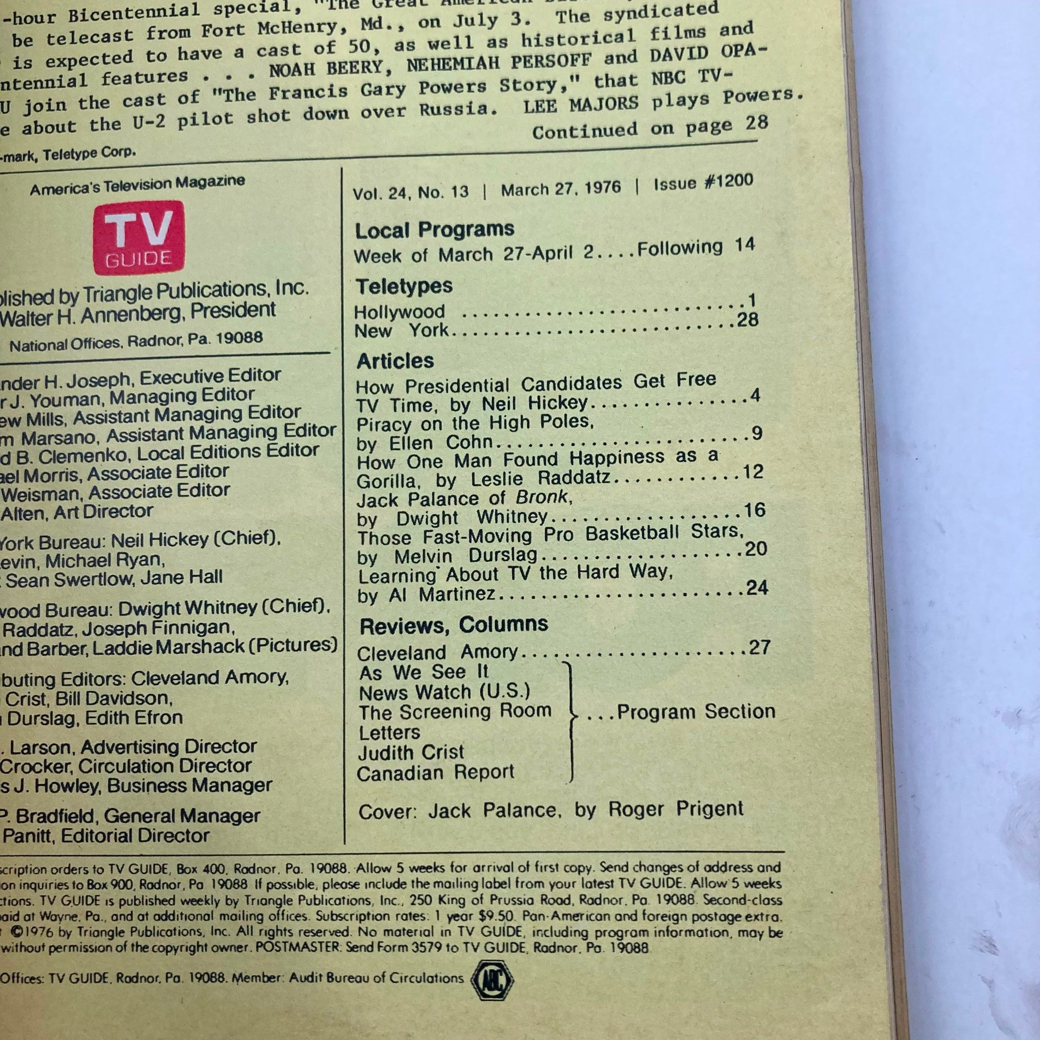 TV Guide Magazine March 27 1976 #1200 Jack Palance WA-Baltimore Ed.