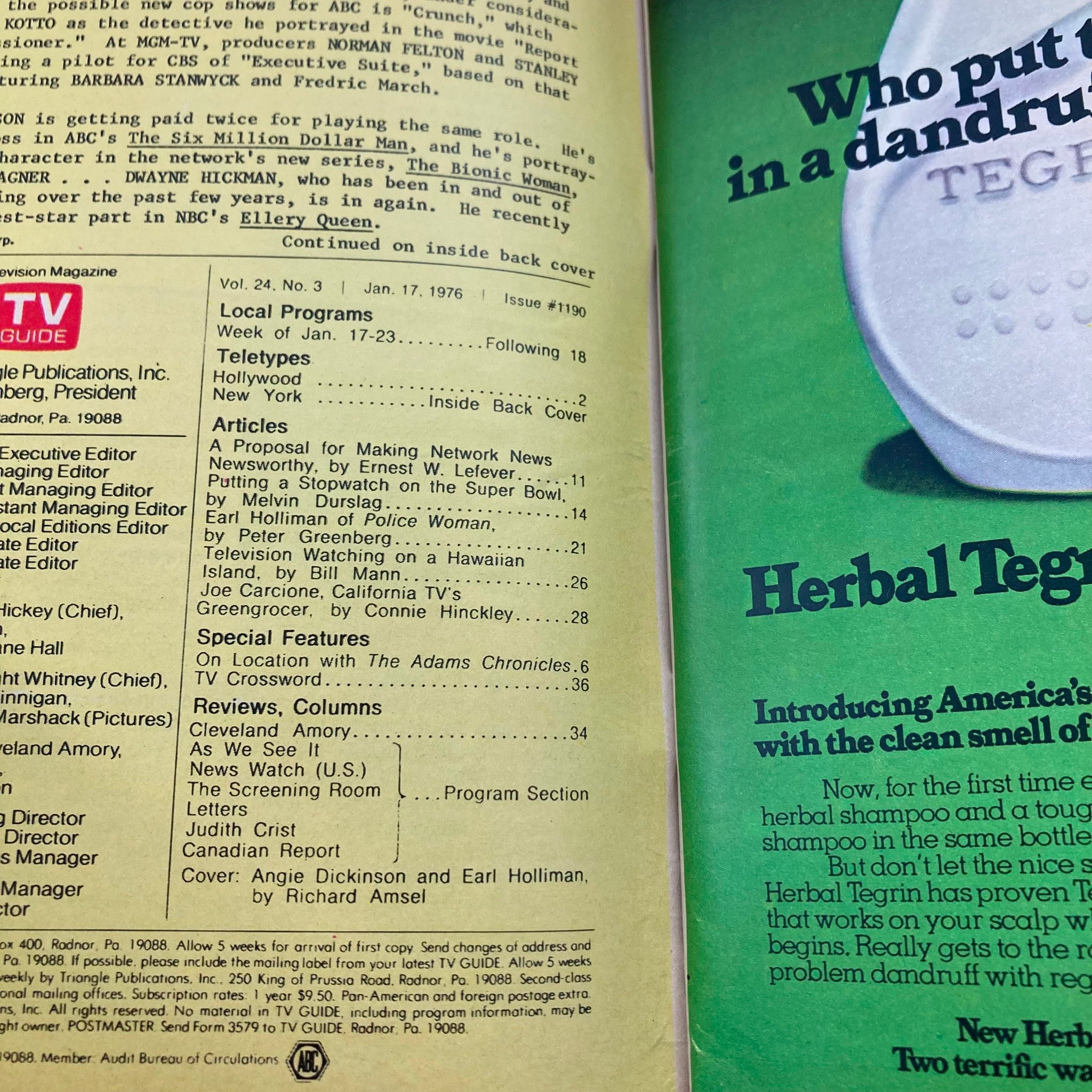 Inside content of TV Guide Magazine January 17, 1976, showing articles and features, including coverage of Earl Holliman's role in 'Police Woman'.