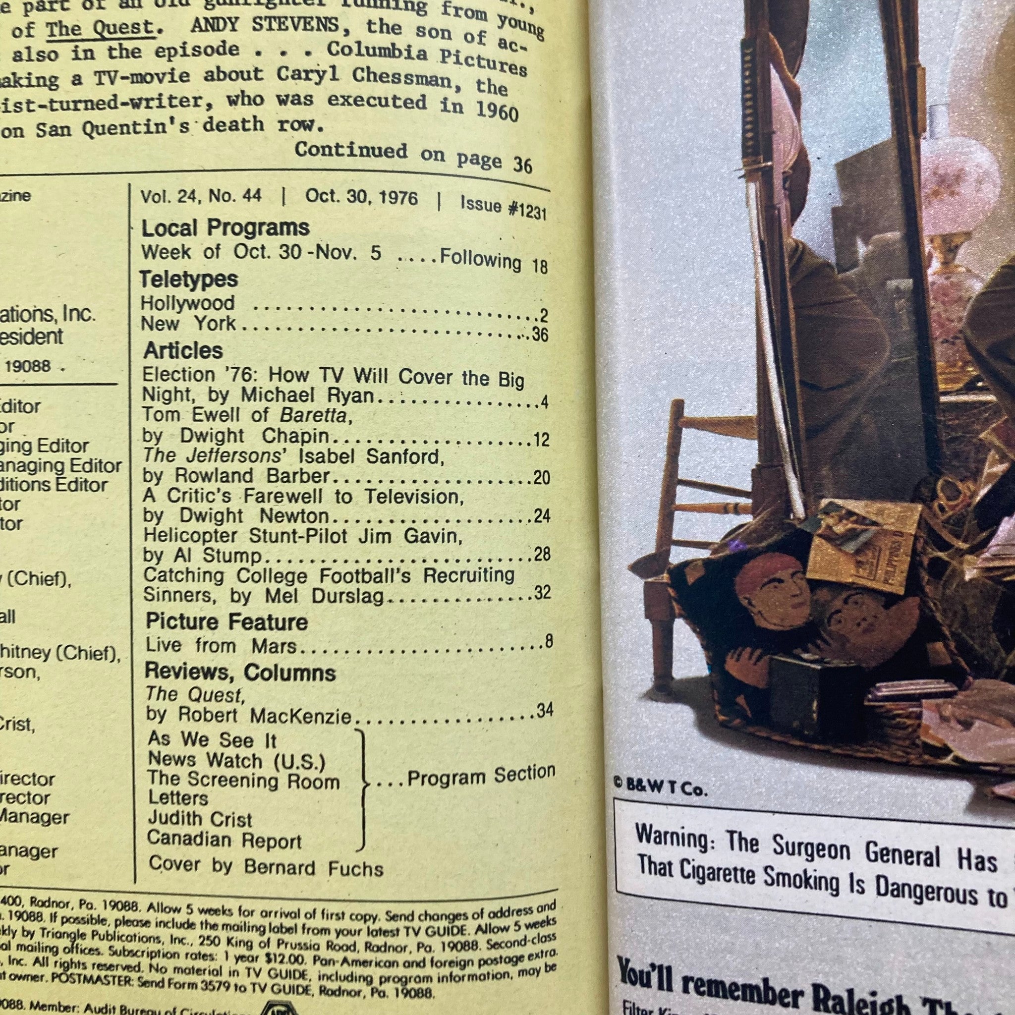 Inside page of TV Guide Magazine October 30, 1976, Issue #1231. It includes details of articles and features, highlighting the coverage of the upcoming election and TV program schedules.