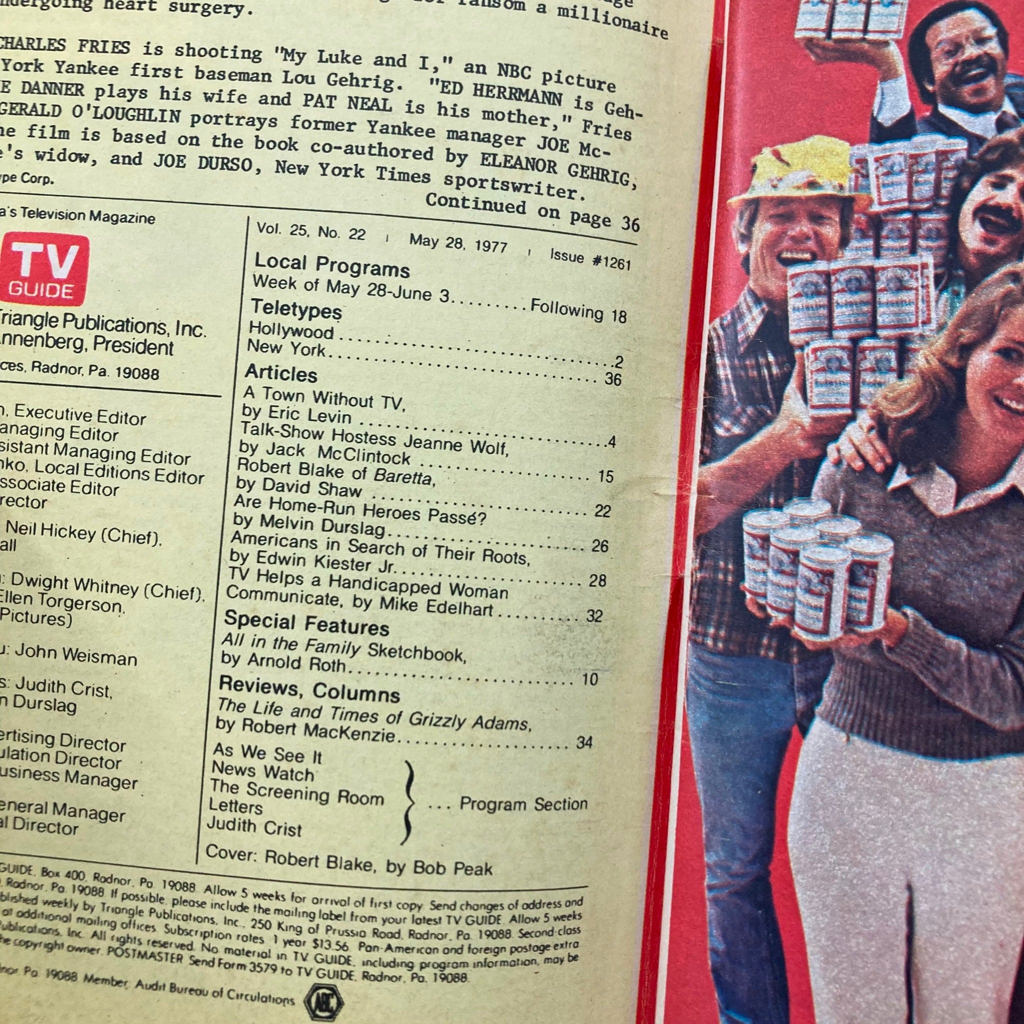 Inside page of TV Guide Magazine dated May 28, 1977, showing a table of contents and articles, including features on Robert Blake in 'Baretta'. The page also includes a collage of smiling people holding products, showcasing the magazine's engagement with television culture.