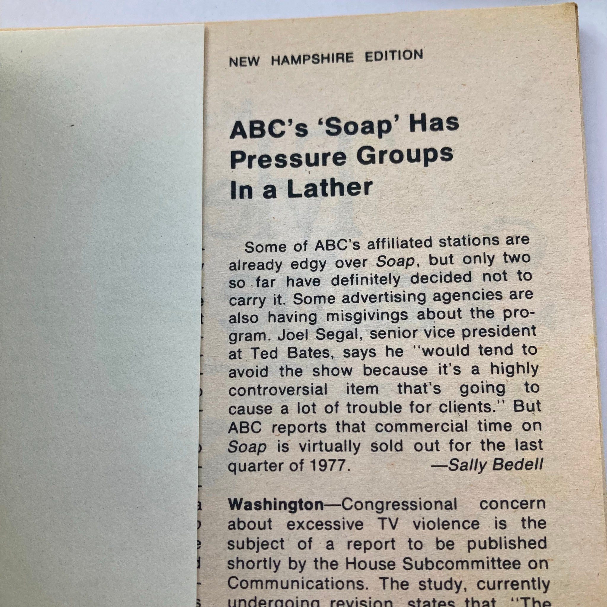 Another inside page of TV Guide Magazine July 9, 1977 detailing an article about ABC's controversial show 'Soap', reflecting on television's history.