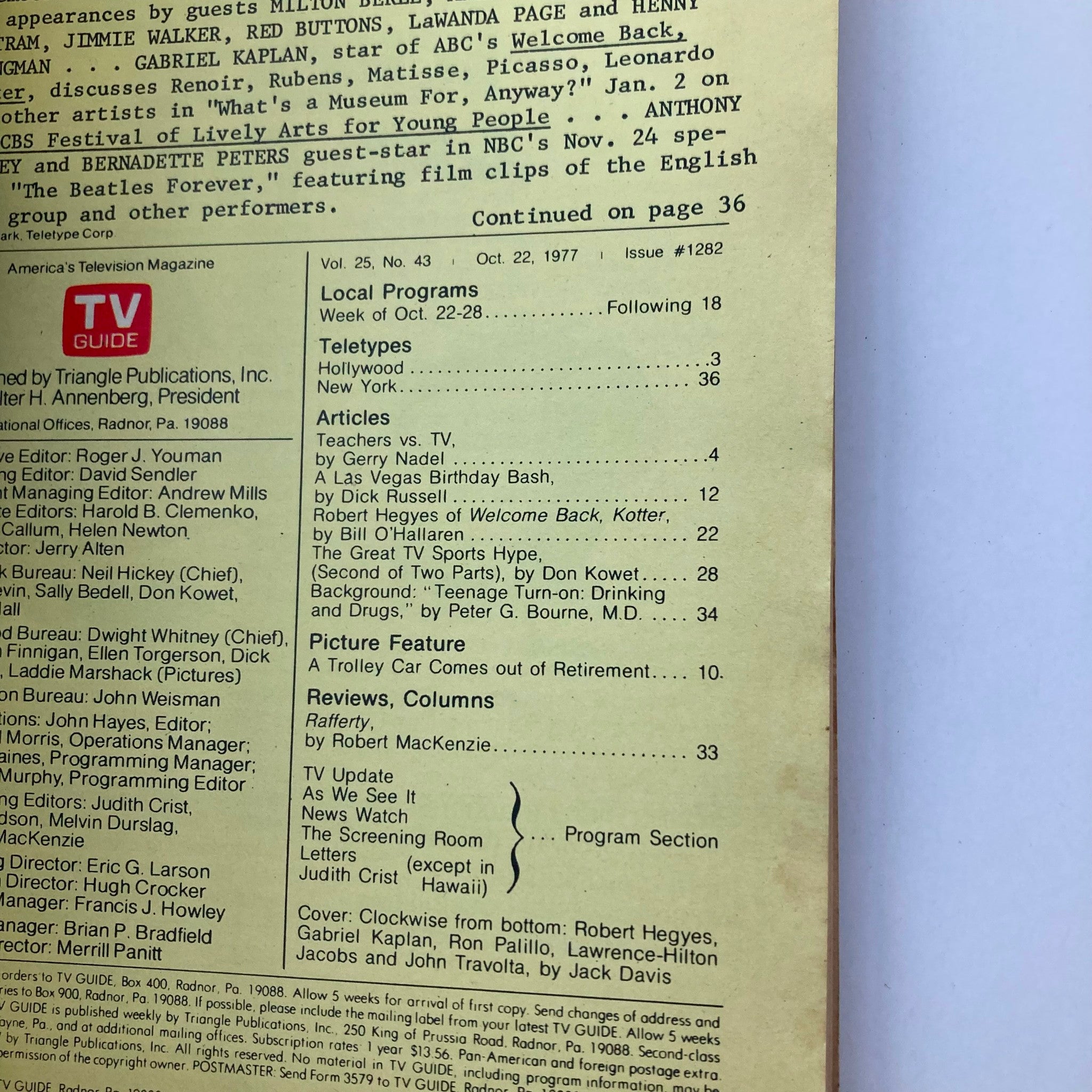 Inside page of TV Guide Magazine October 22 1977 #1282 listing articles and features, including a piece about Robert Hegyes of 'Welcome Back, Kotter' and other television programming details.