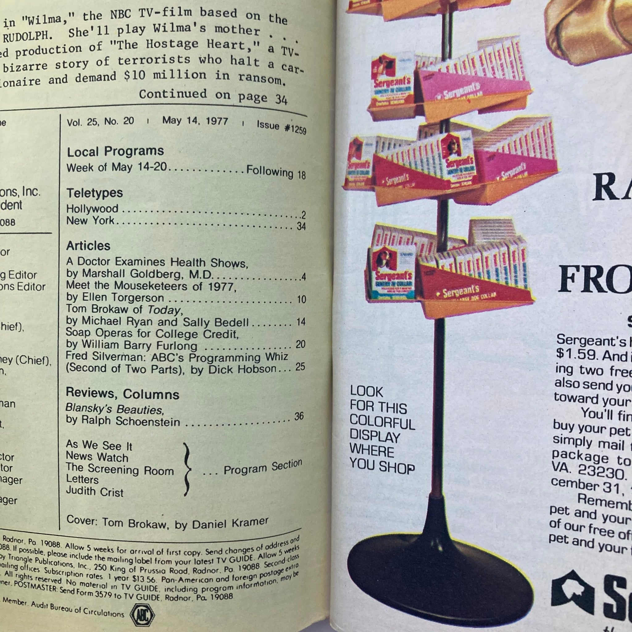 Image showing the contents of TV Guide Magazine May 14 1977 #1259, featuring local programs and articles including Tom Brokaw of Today. Also includes a promotional display for Sergeant's pet products.