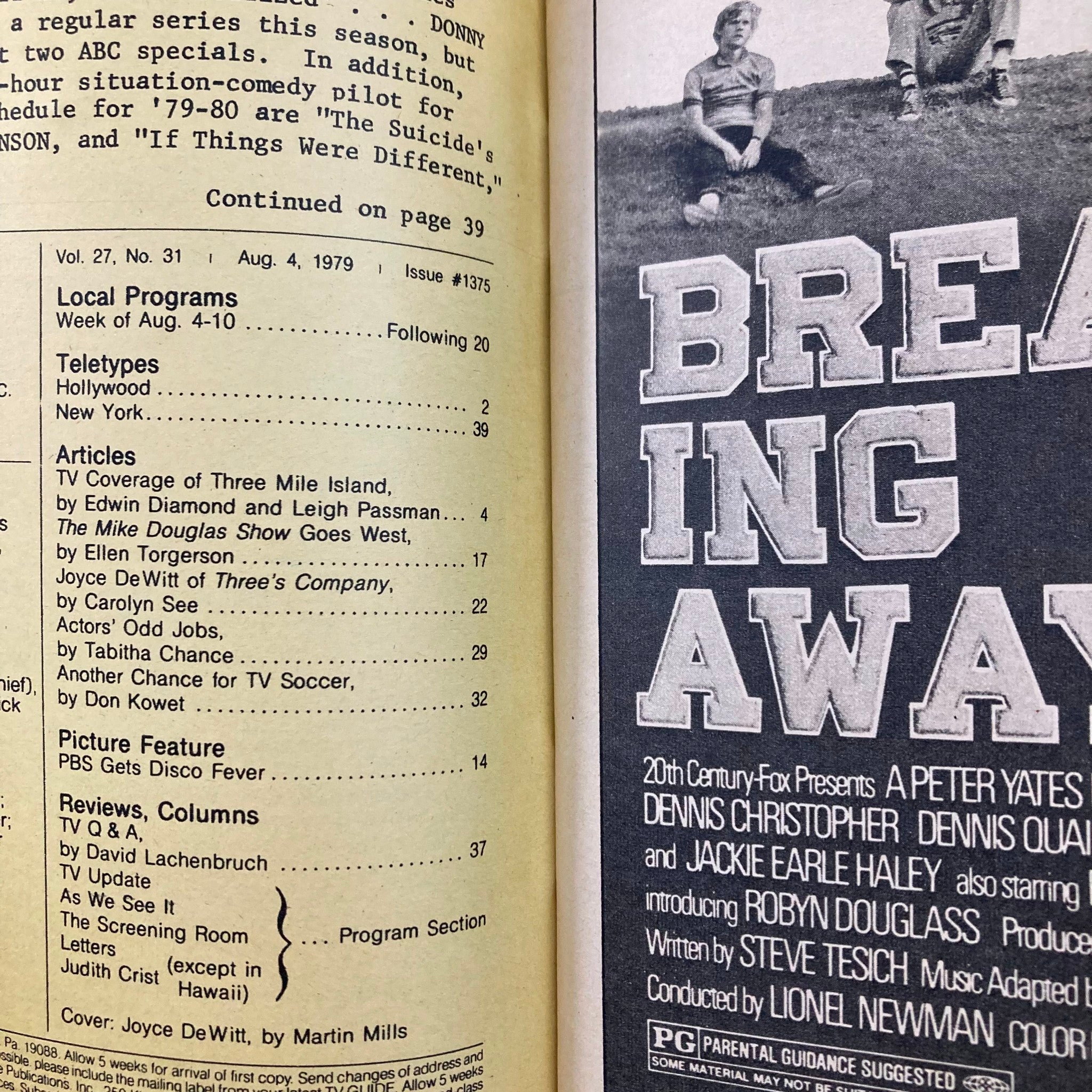 Interior page of TV Guide Magazine August 4 1979 #1375 listing articles including coverage of 'Three Mile Island' and Joyce DeWitt from 'Three's Company', providing insights into the television programming of the week.
