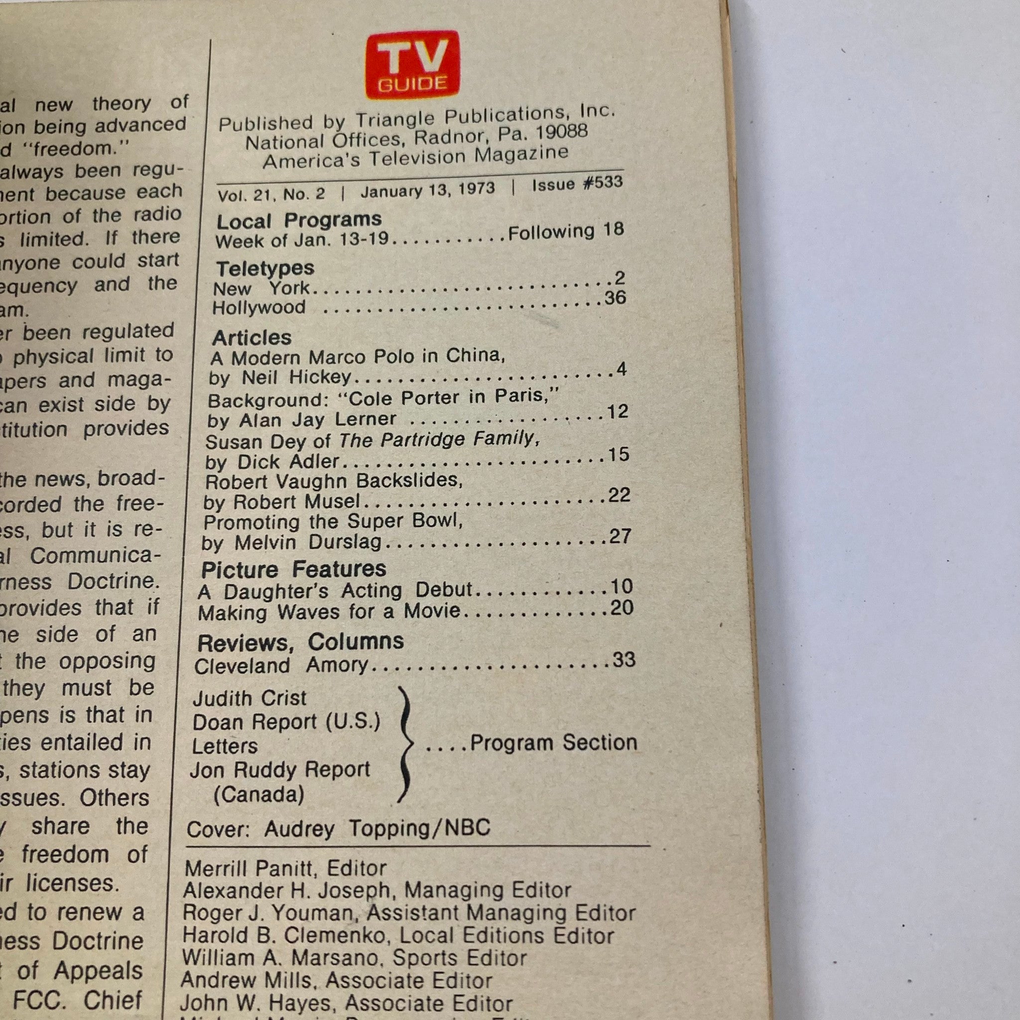 TV Guide Magazine January 13 1973 #533 featuring local programs, articles, and teletype highlights such as 'Inside China' and Nashville edition details.