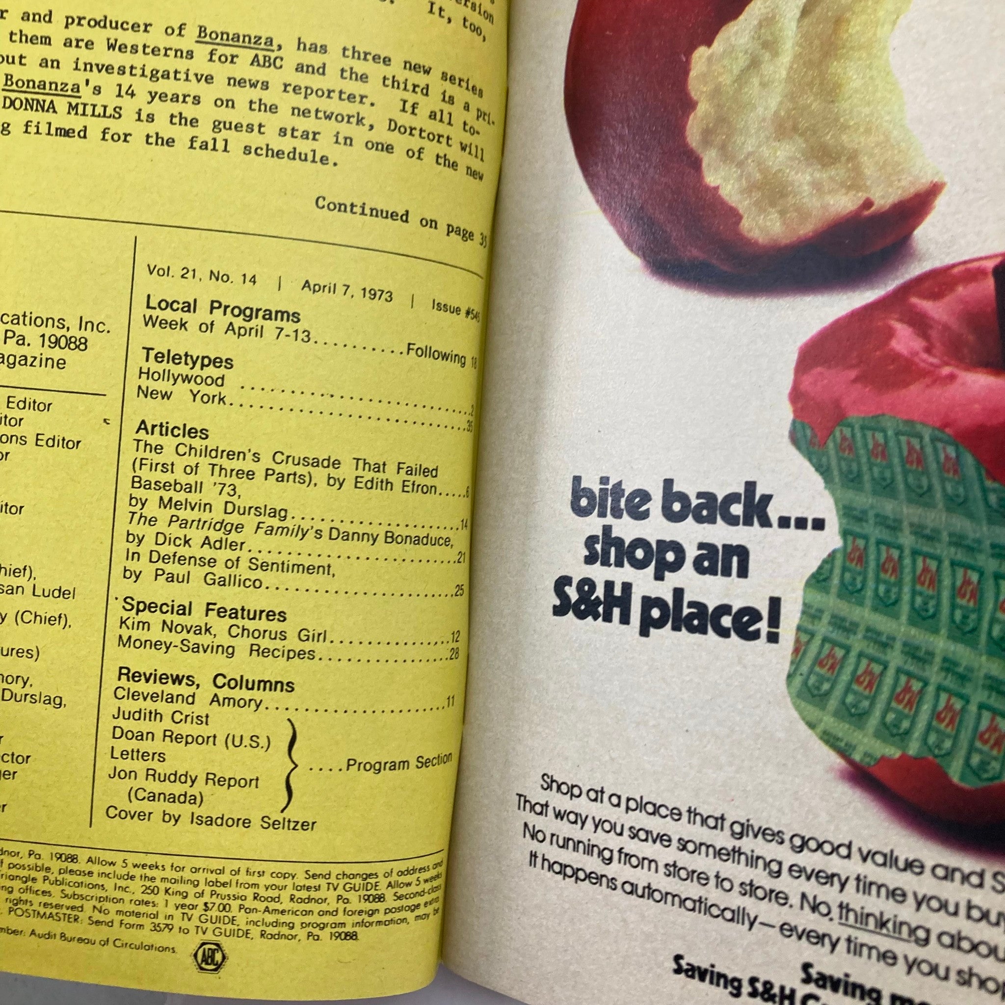 Inside page of TV Guide Magazine April 7 1973 #545 showcasing local programs and articles including one titled 'The Children's Crusade That Failed'.