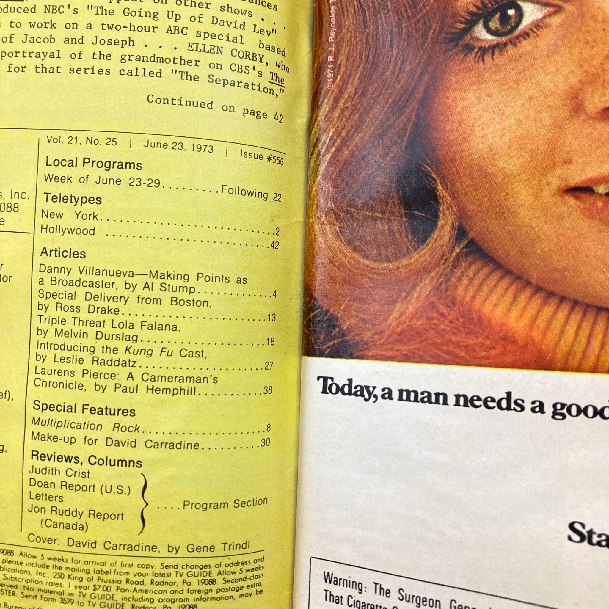 Interior page of TV Guide Magazine June 23 1973 #556 featuring local programs and articles, alongside an image of a woman with red hair and related text.