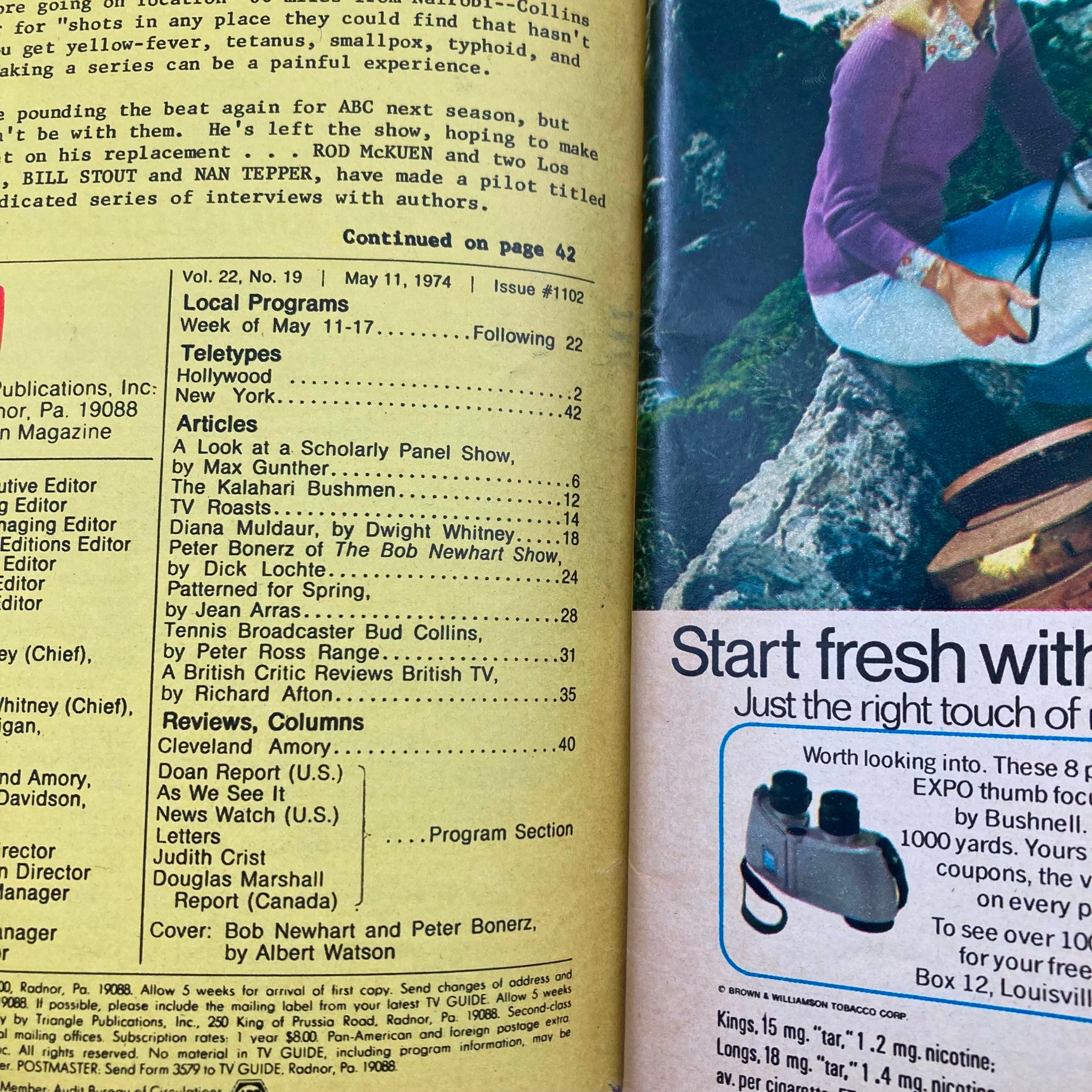 Interior page of TV Guide Magazine May 11 1974 #1102 detailing local programs and articles including a feature on The Bob Newhart Show.