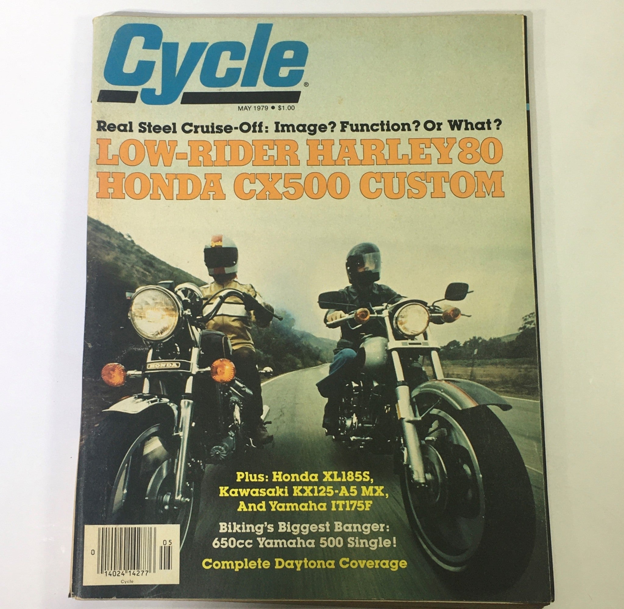 VTG Cycle Magazine May 1979 cover featuring Honda XL185S, Kawasaki KX125-A5 MX, and Yamaha IT175F, showcasing two riders on motorcycles on a scenic road.